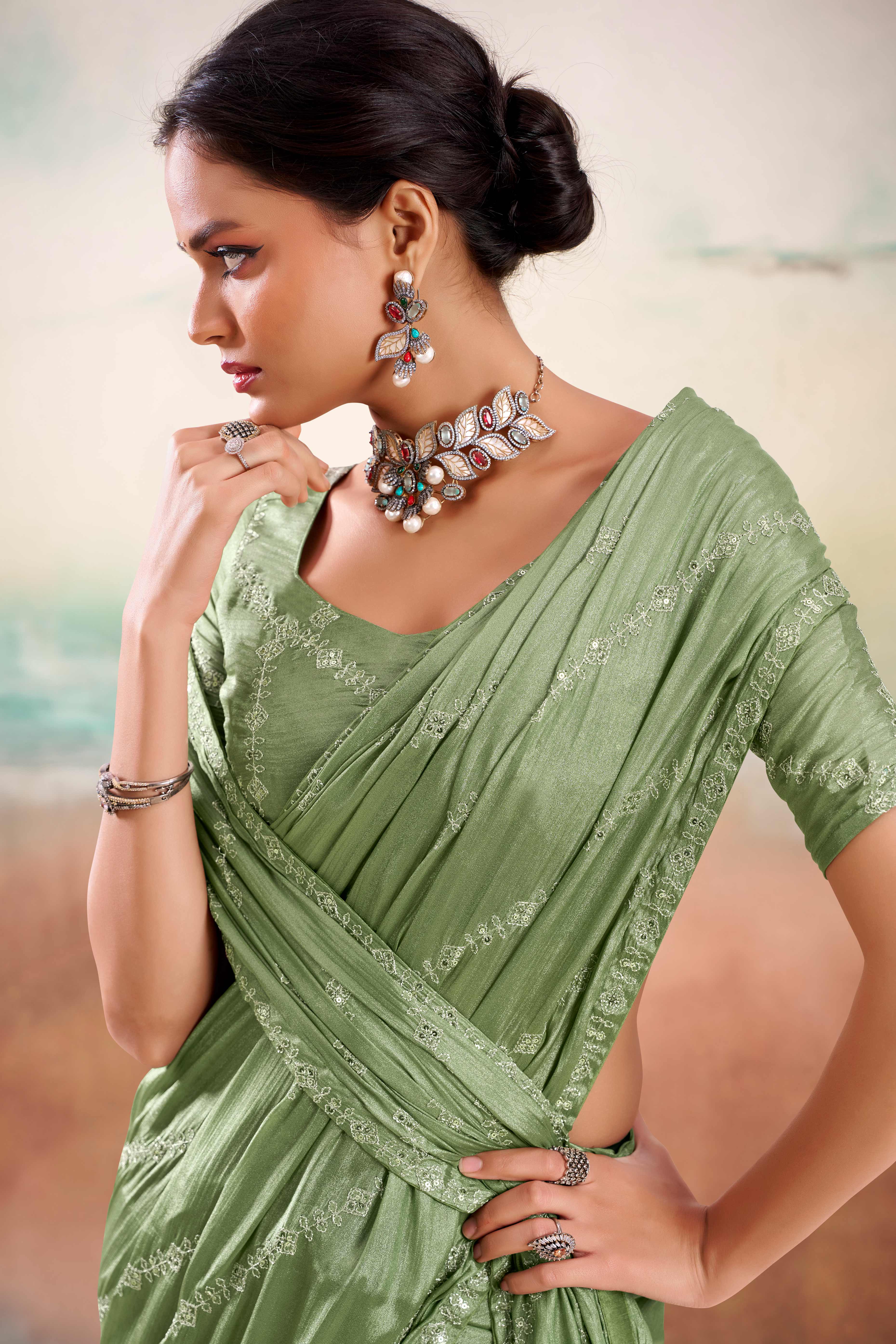 Green Two Tone Chiffon Saree Adorned With Floral Cording Embroidery & Sequins Work