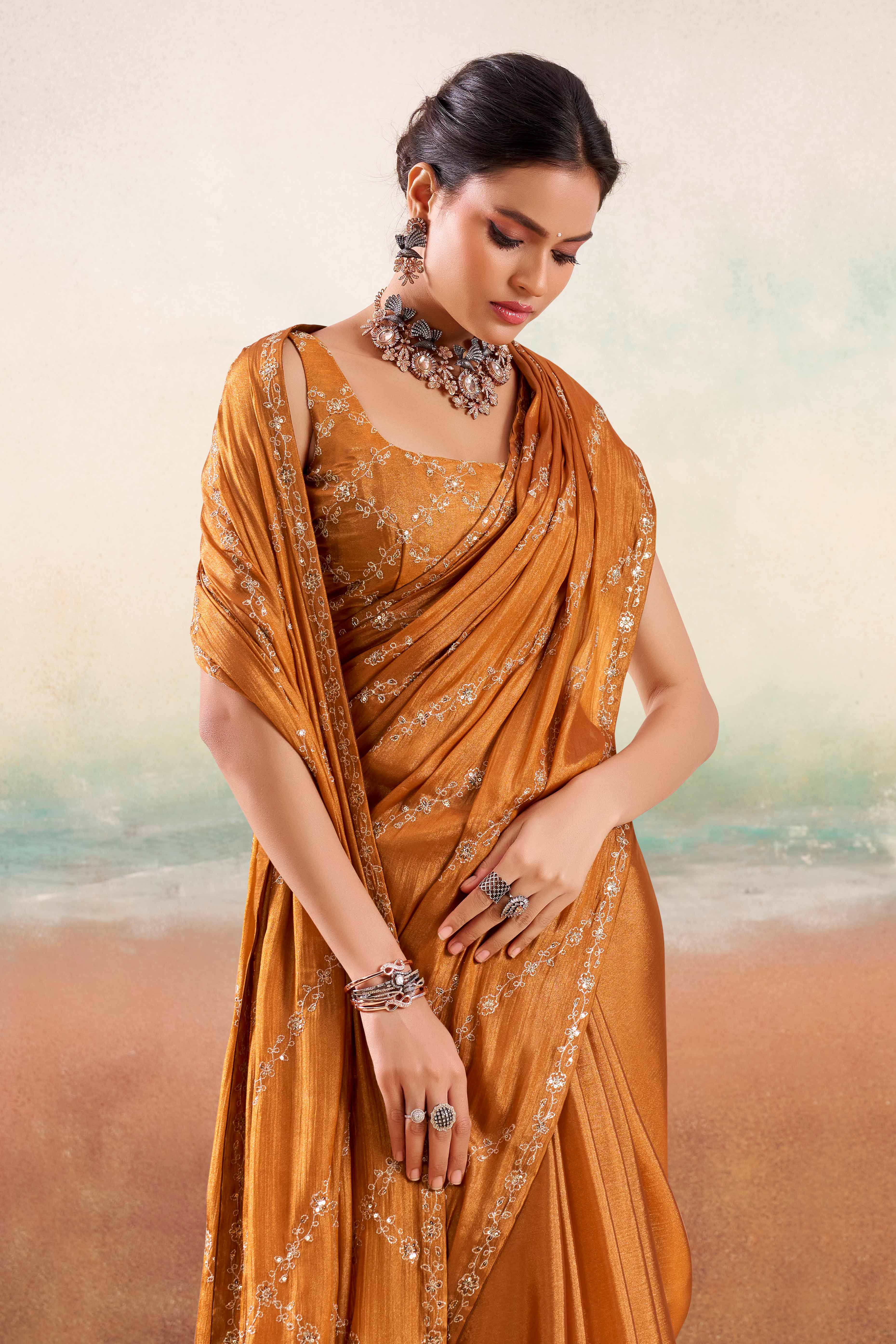 Burnt Orange Two Tone Chiffon Saree Adorned With Floral Cording Embroidery & Sequins Work