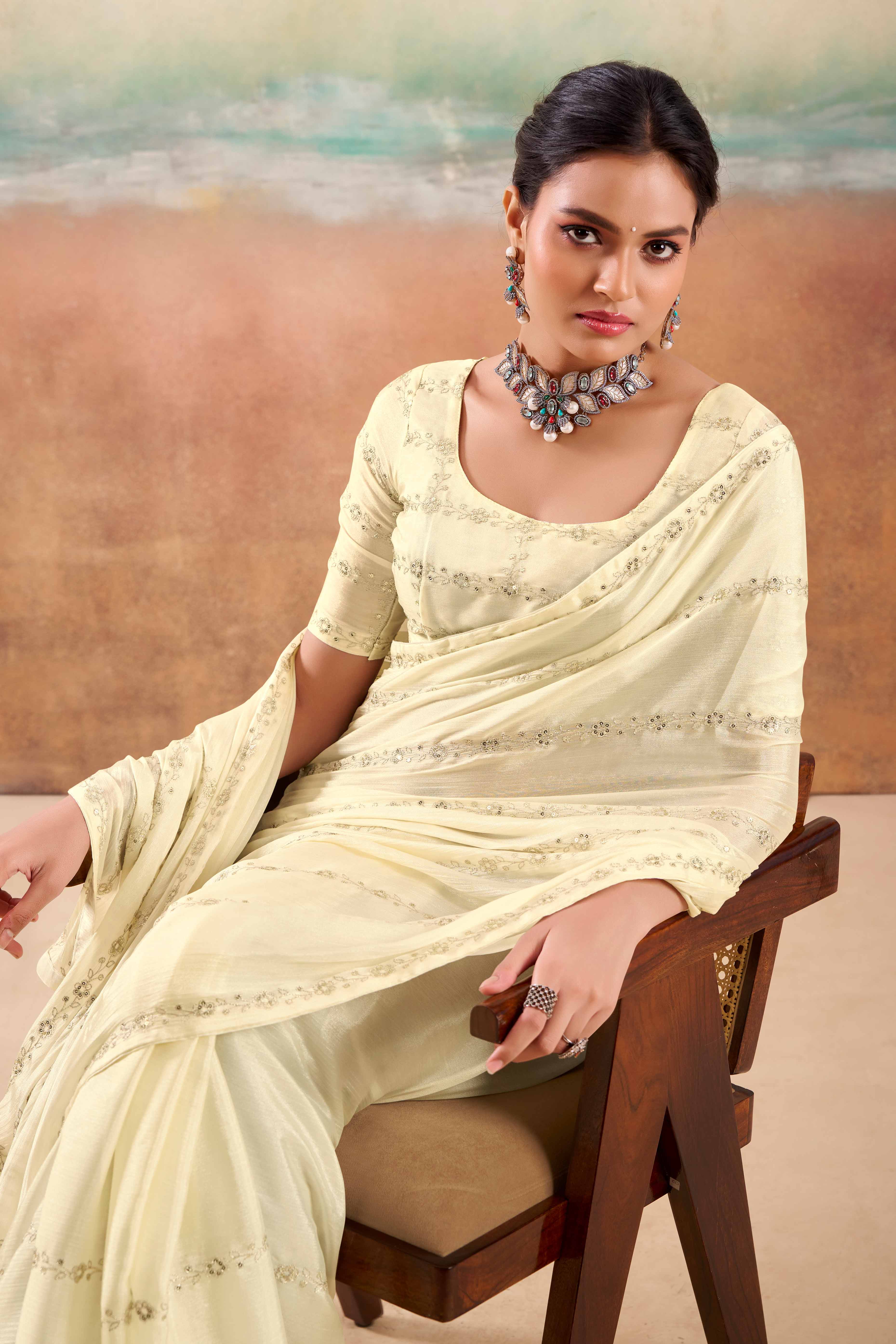 Offwhite Two Tone Chiffon Saree Adorned With Floral Cording Embroidery & Sequins Work