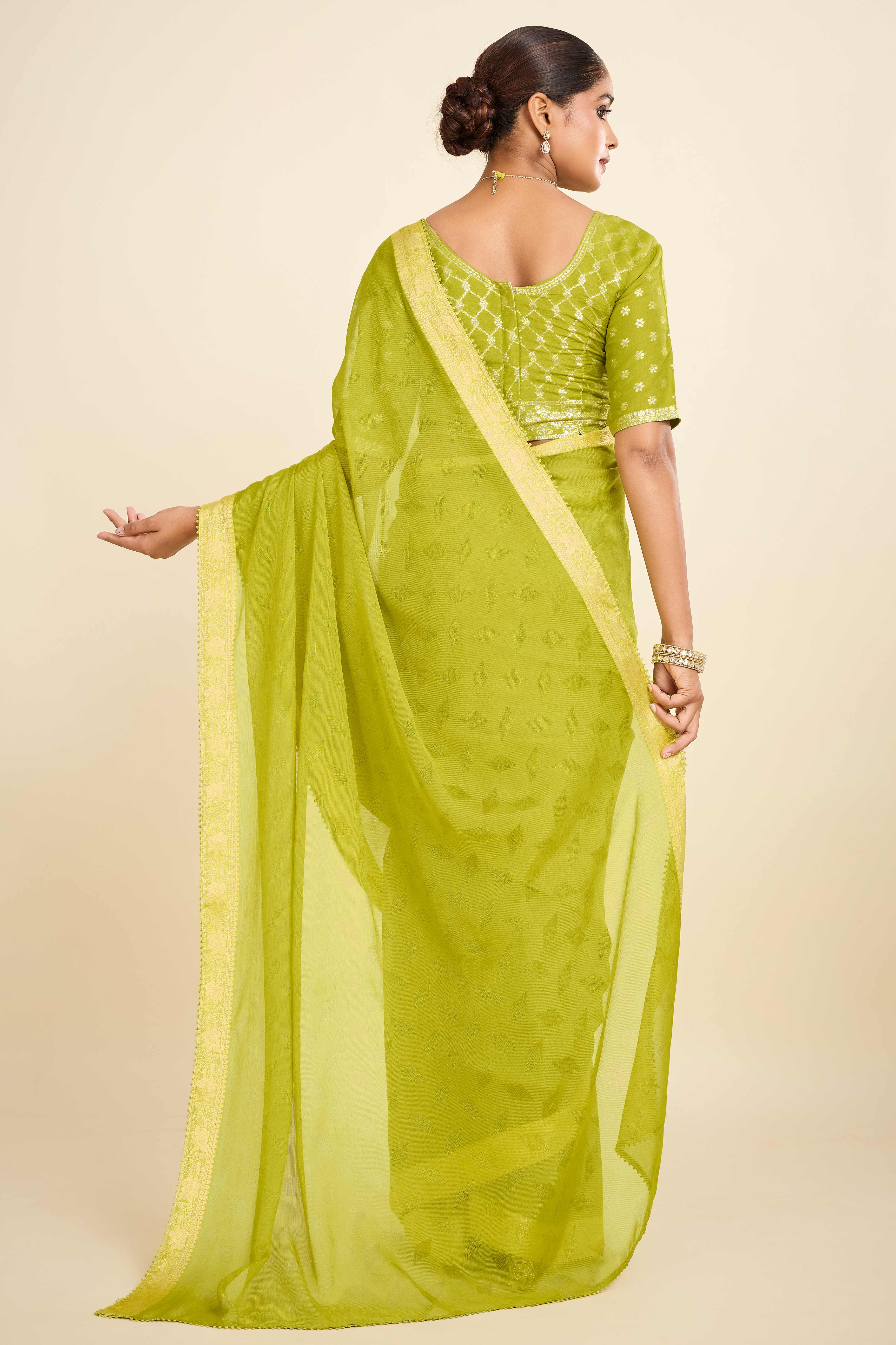 Parrot Green Printed Chiffon Saree with Intricate Woven Edging