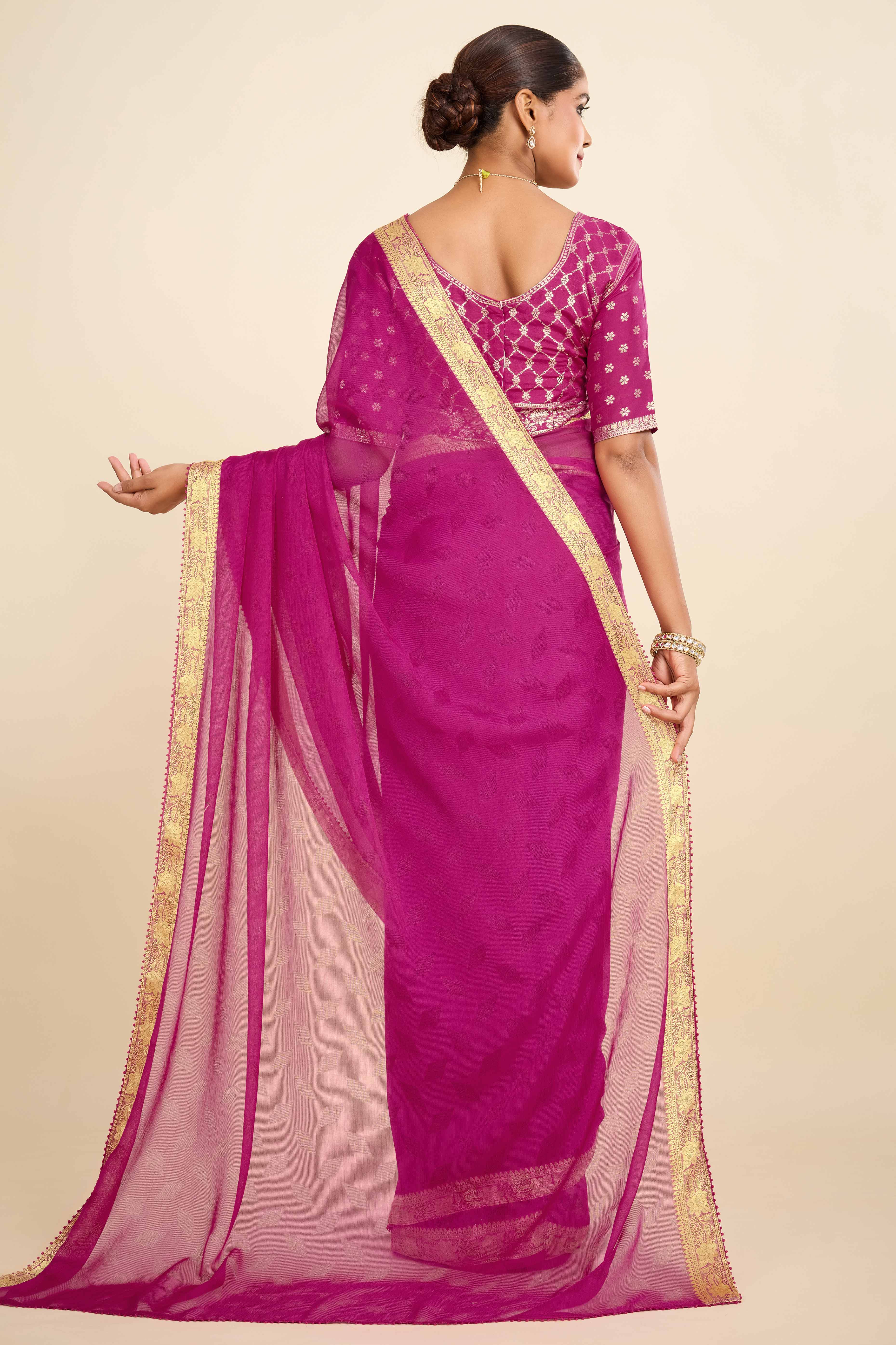 Pink Printed Chiffon Saree with Intricate Woven Edging