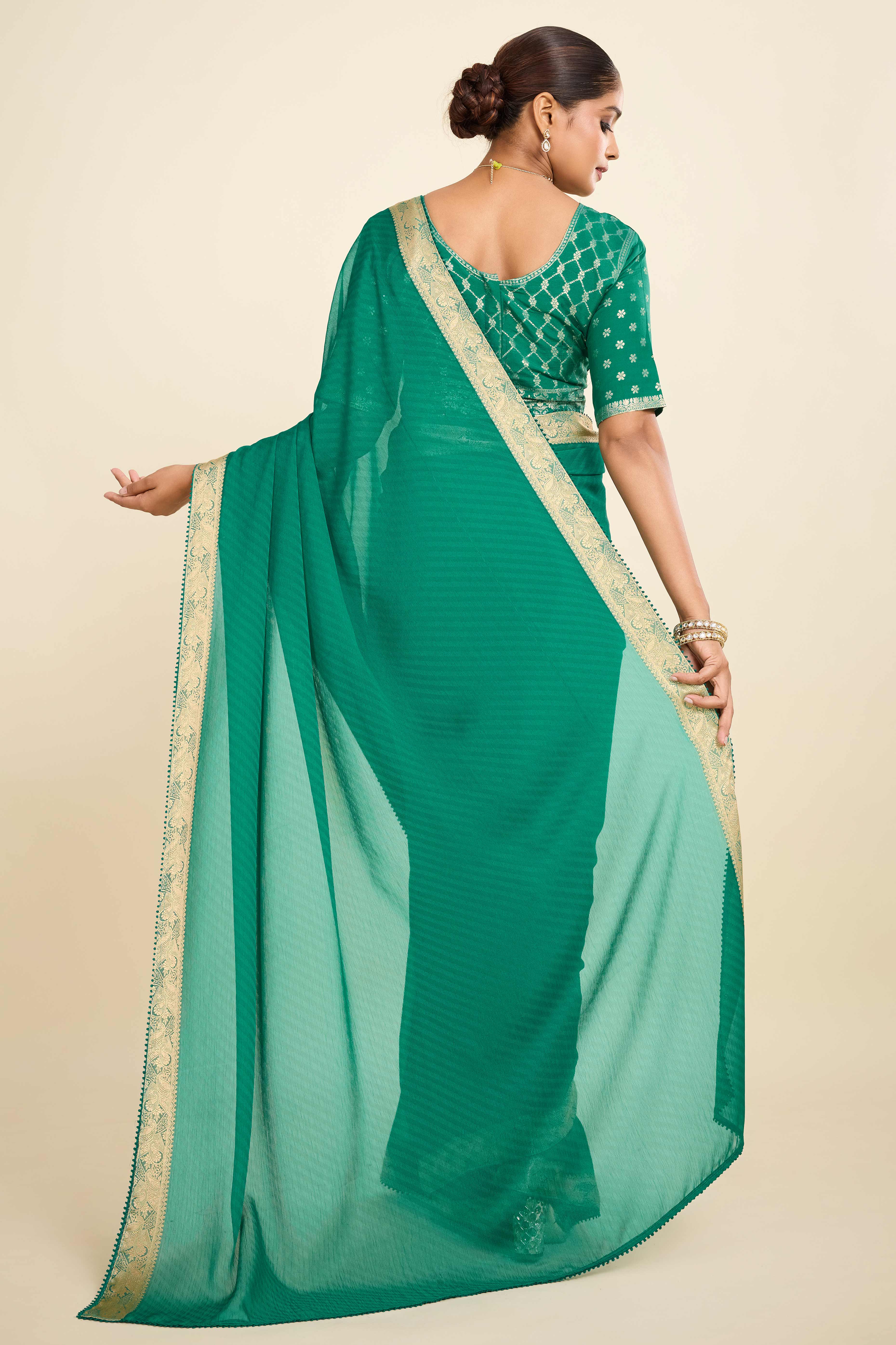 Rama Green Printed Chiffon Saree with Intricate Woven Edging