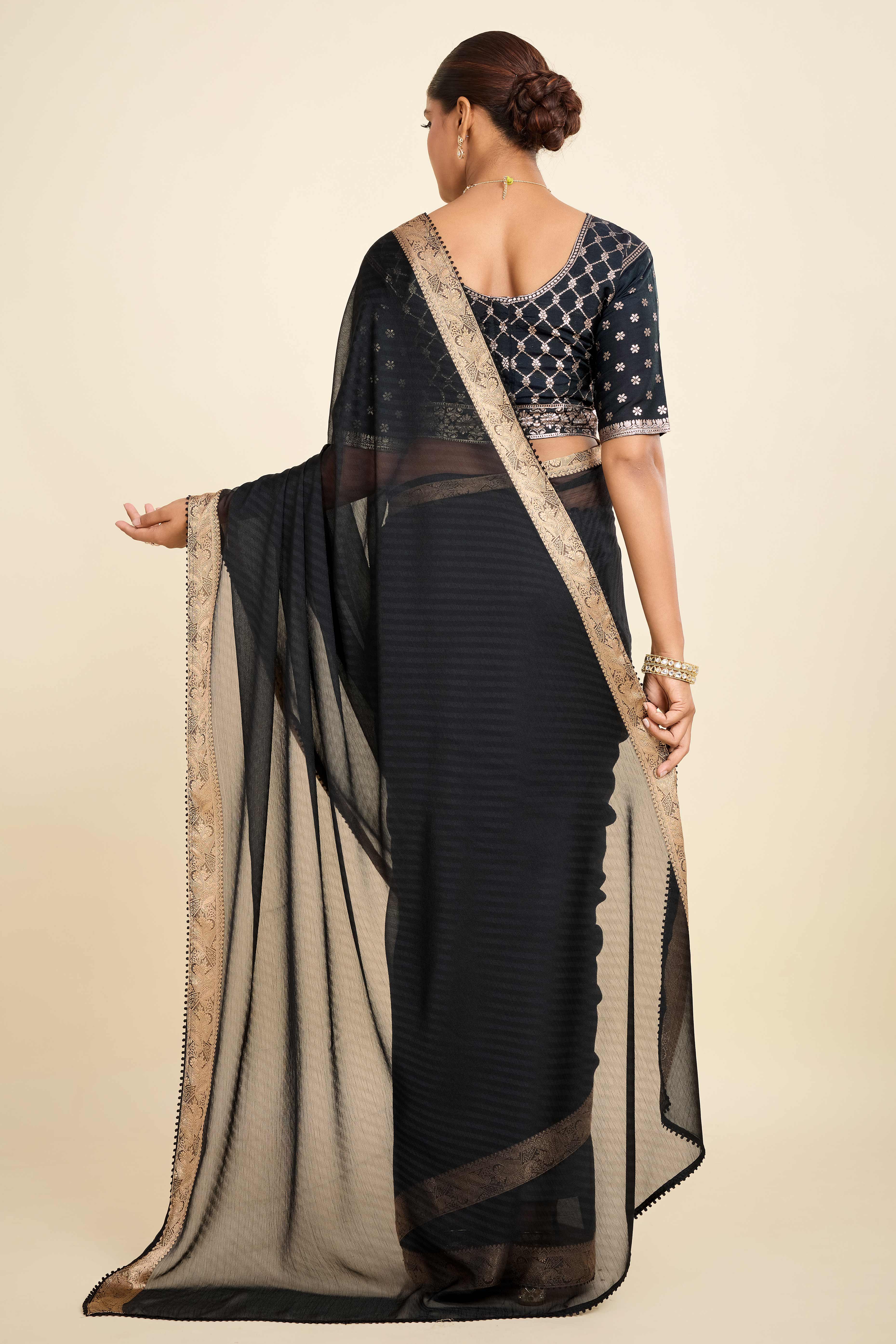 Black Printed Chiffon Saree with Intricate Woven Edging