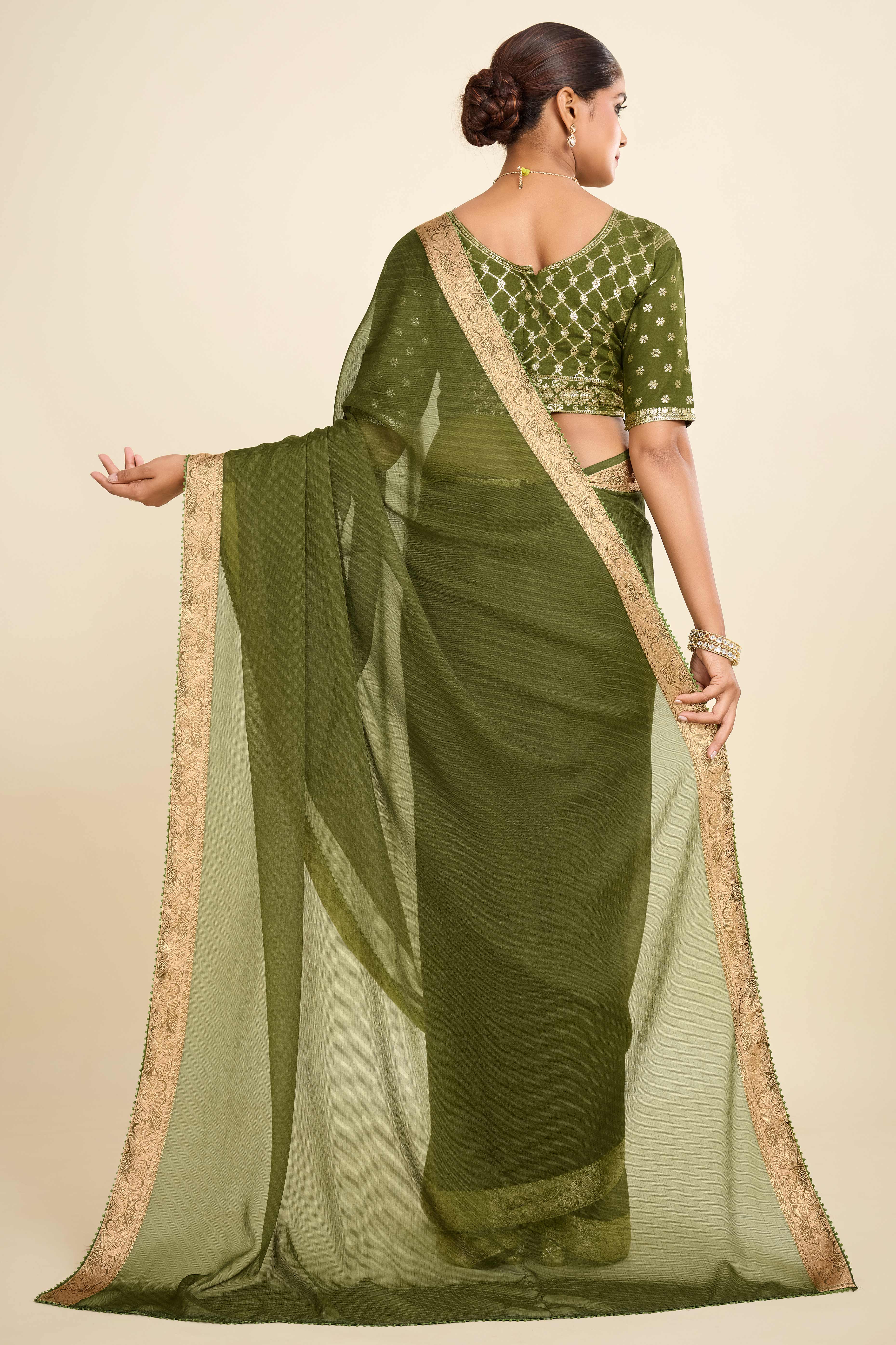 Green Printed Chiffon Saree with Intricate Woven Edging