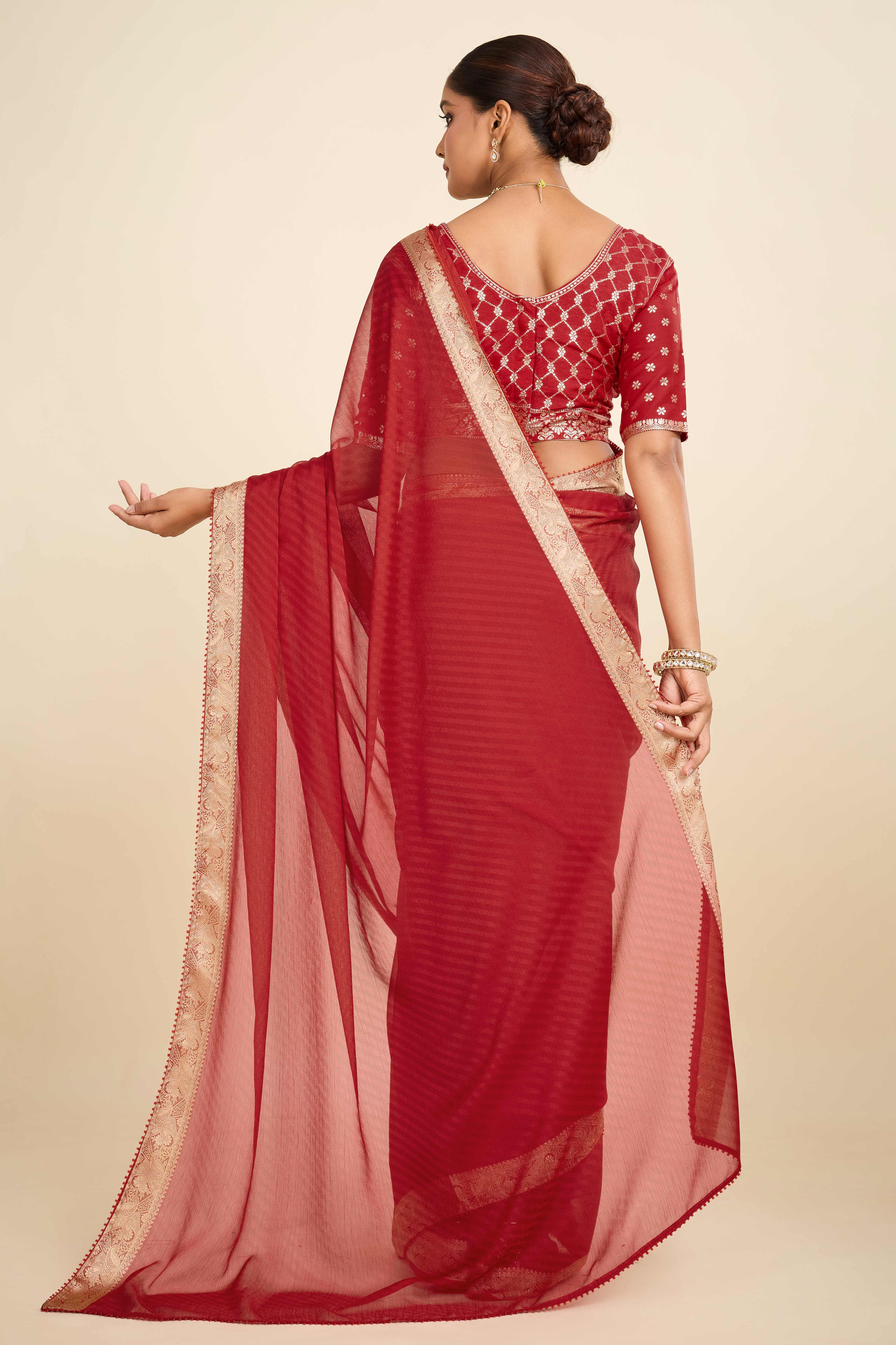 Red Printed Chiffon Saree with Intricate Woven Edging