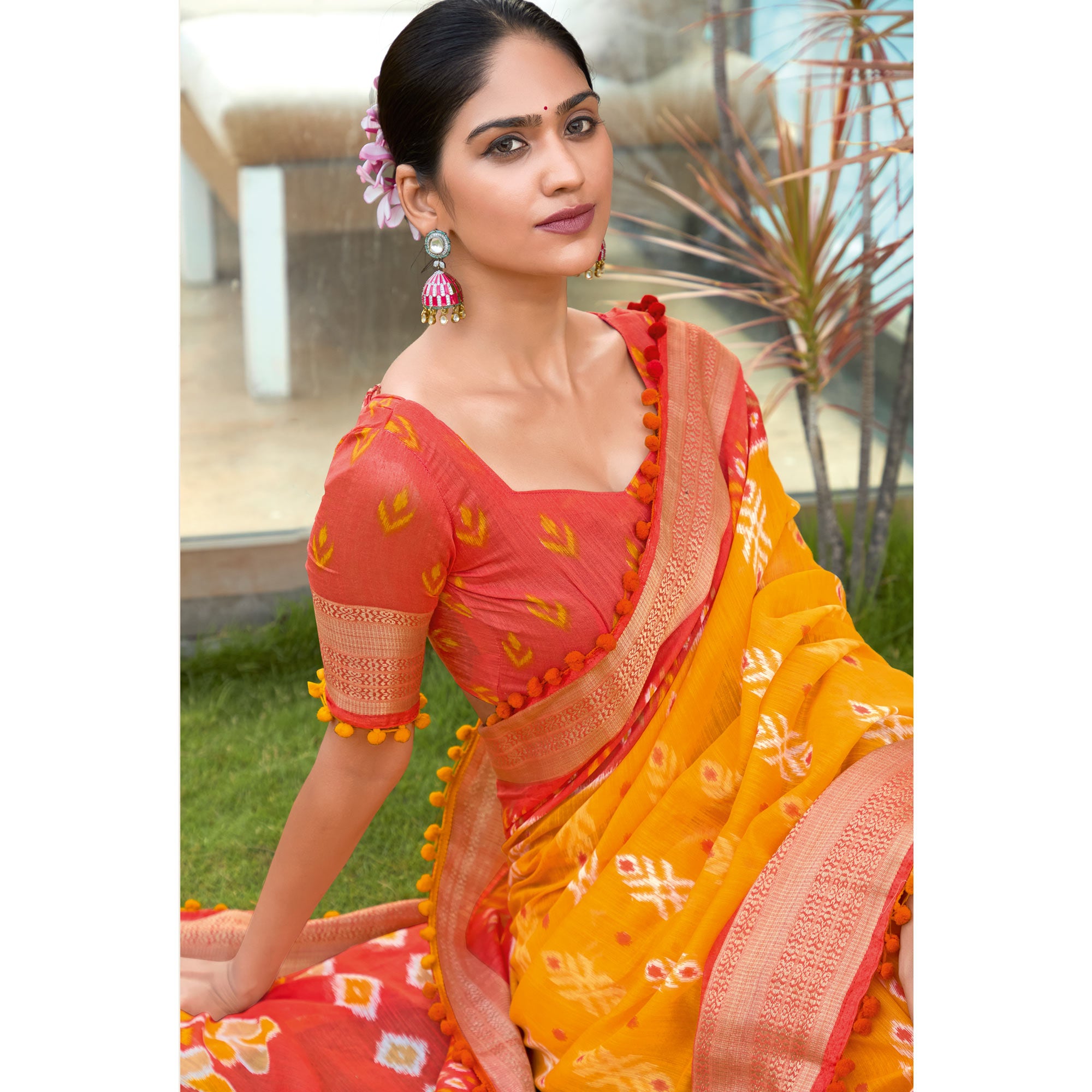 Orange Printed Pure Cotton Saree With Pum Pum Border