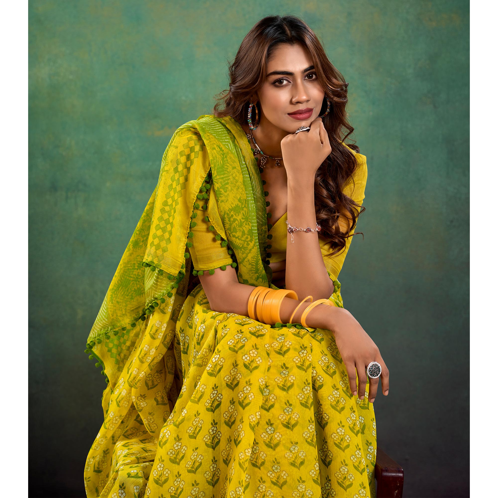 Mustard Floral Printed Mul Mul Cotton Saree