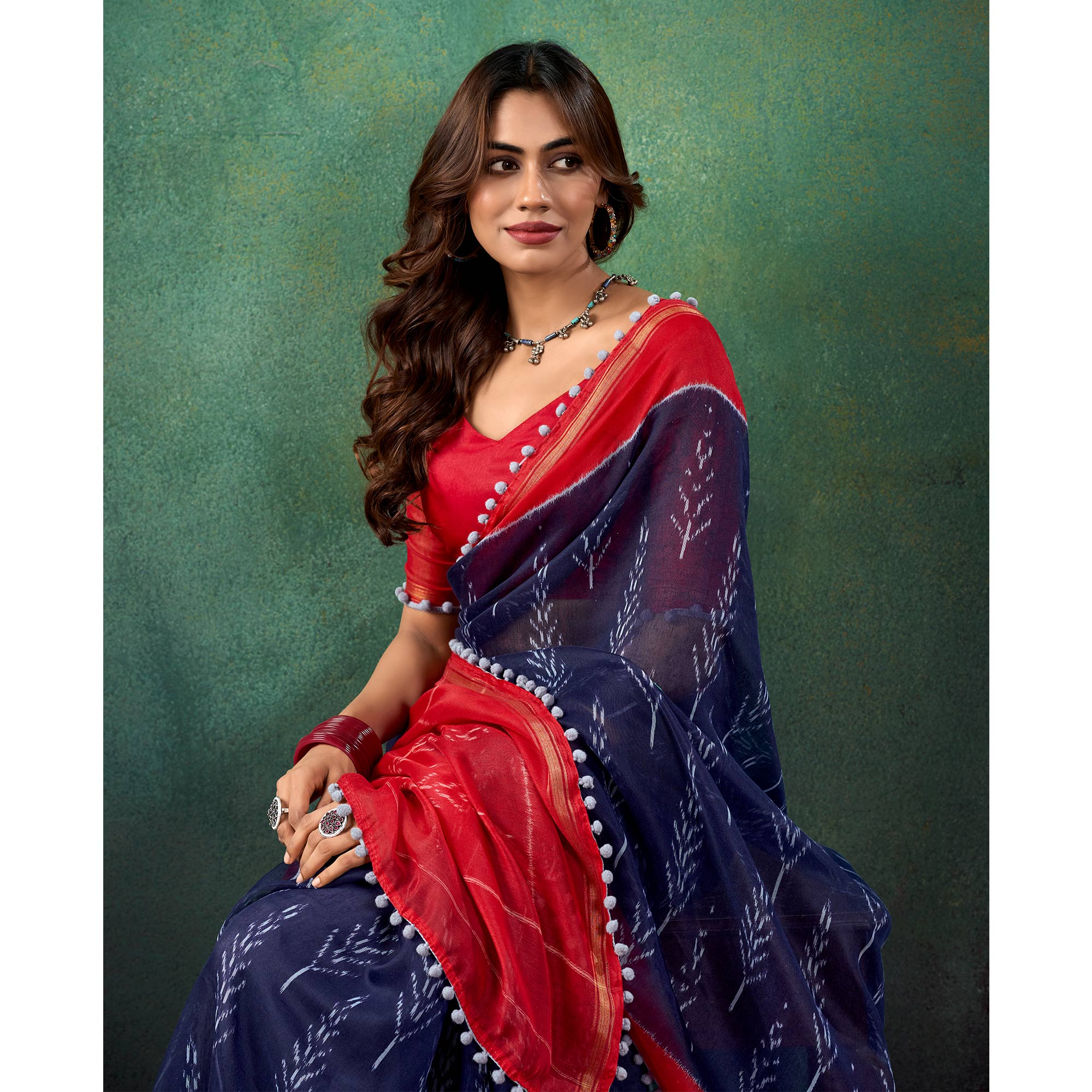 Blue Ikkat Printed Mul Mul Cotton Saree