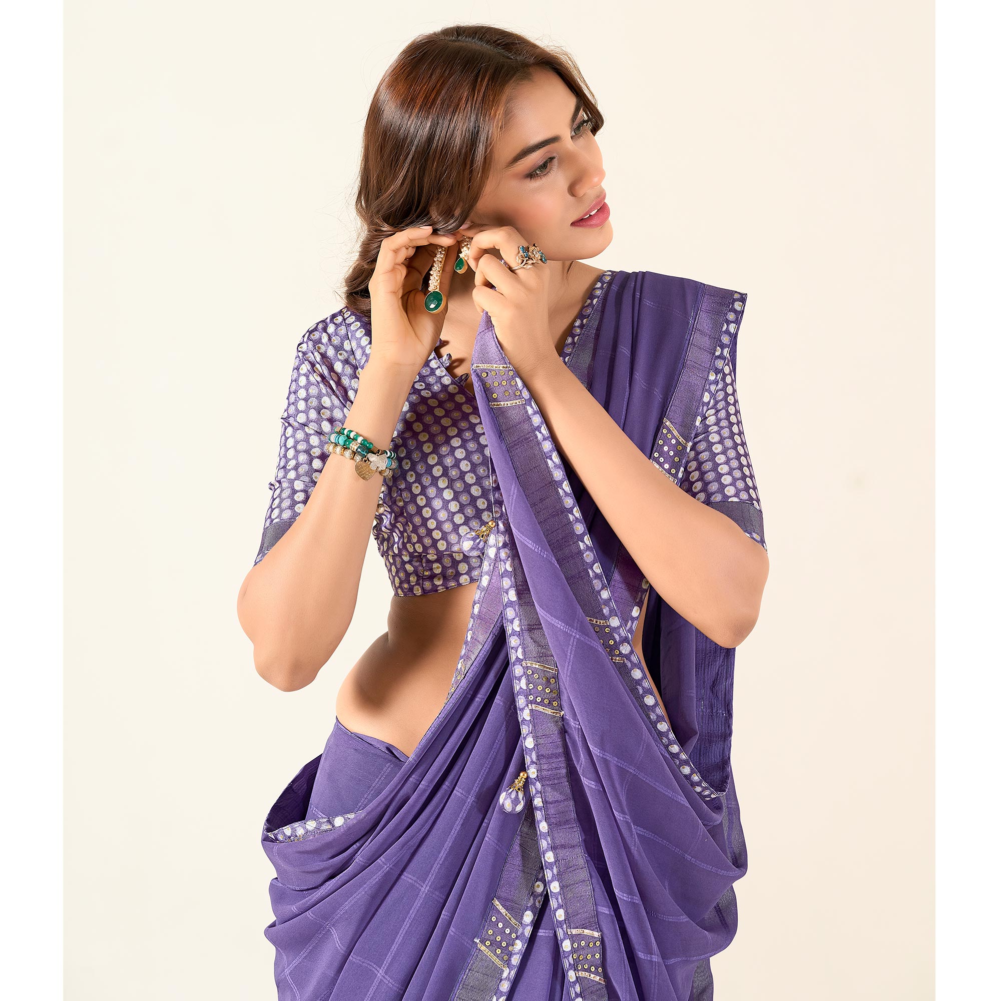 Purple Printed With Woven Georgette Saree With Tassels