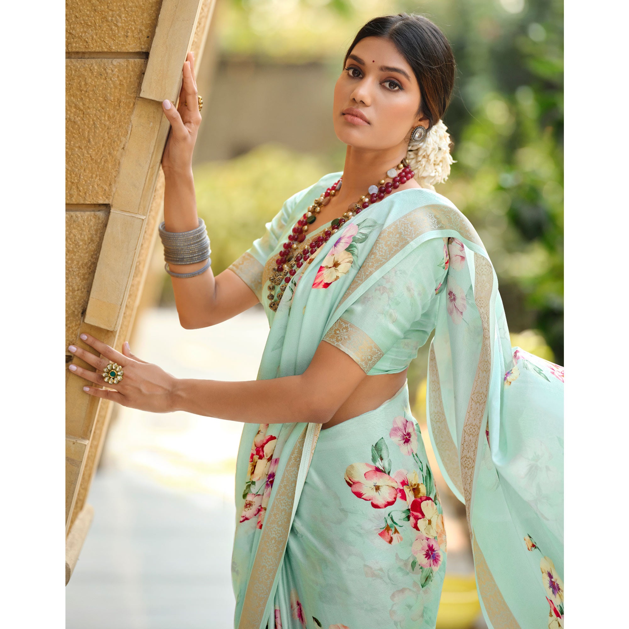 Sea Green Floral Digital Printed Viscose Saree With Zari Border