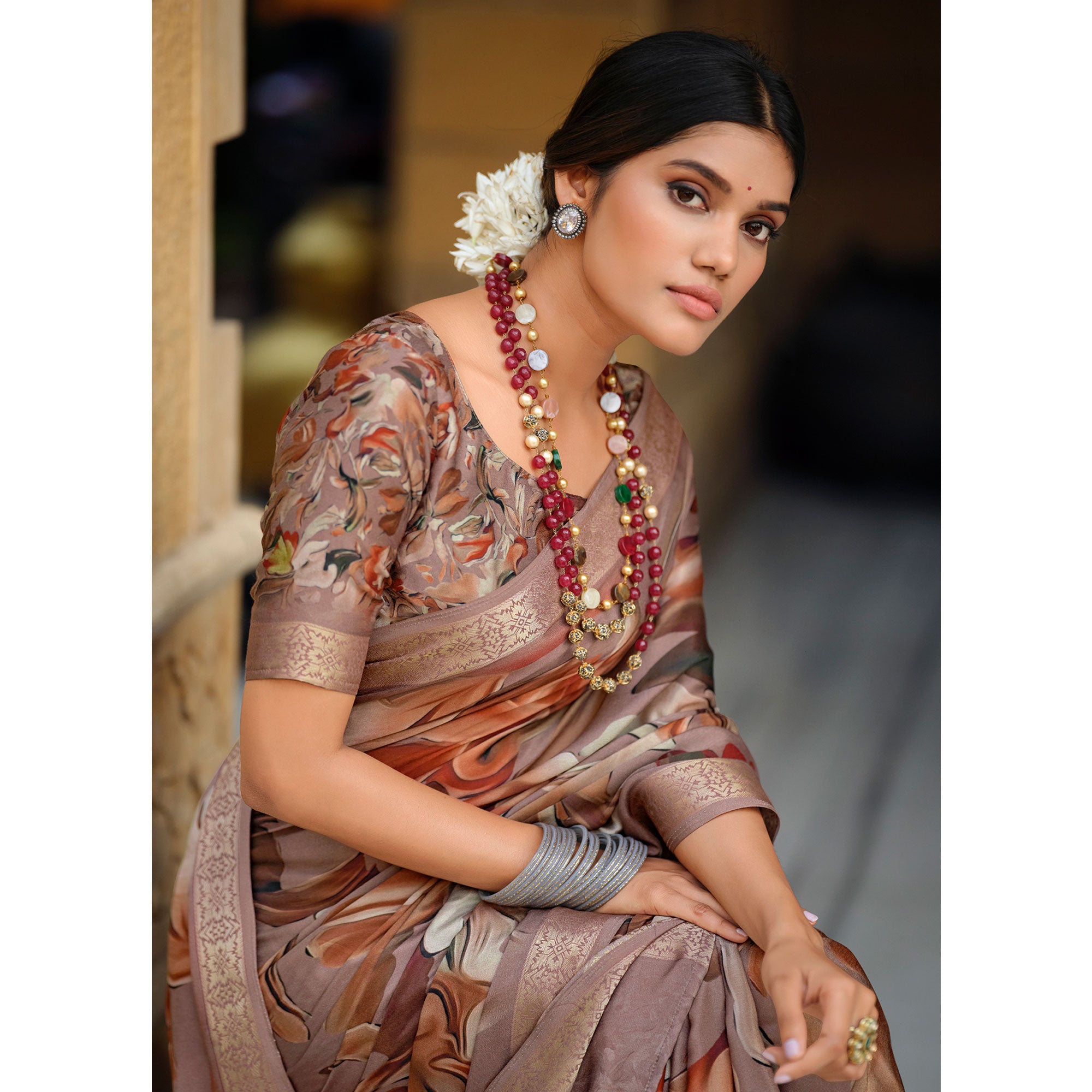Rosy Brown Floral Digital Printed Viscose Saree With Zari Border