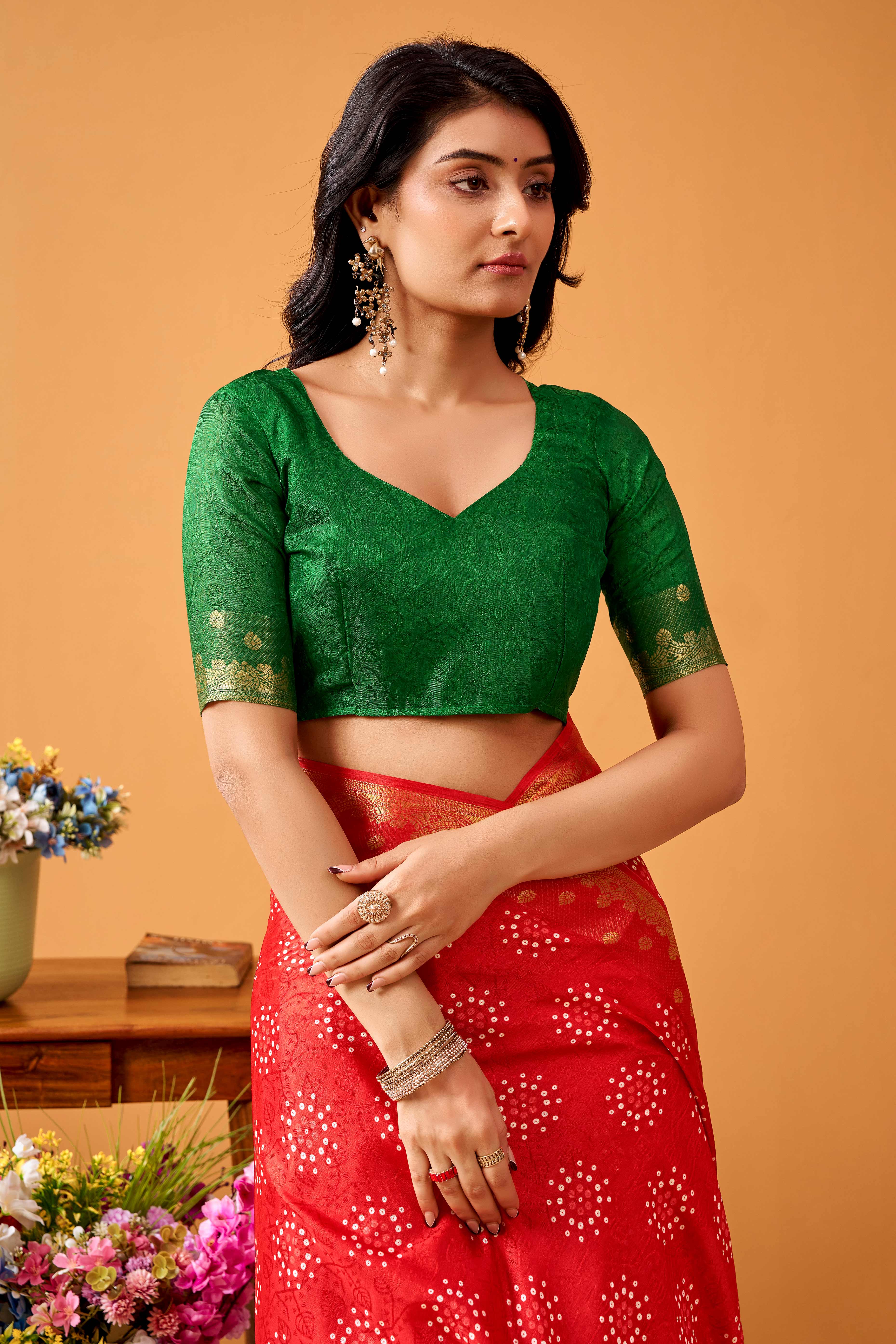 Luxurious Red Tussar Silk Saree Featuring Traditional Bandhani Print & Peacock Jacquard Border