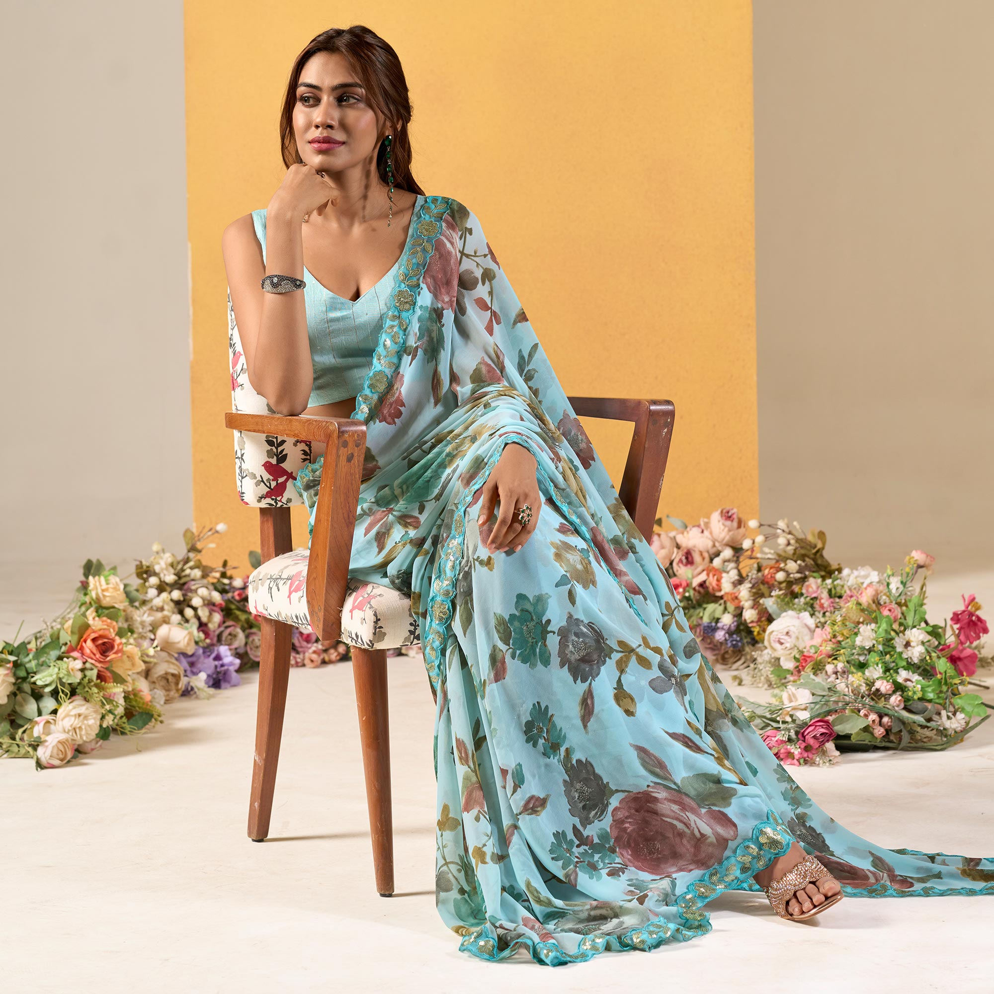 Sky Blue Floral Printed Chiffon Saree With Designer Border