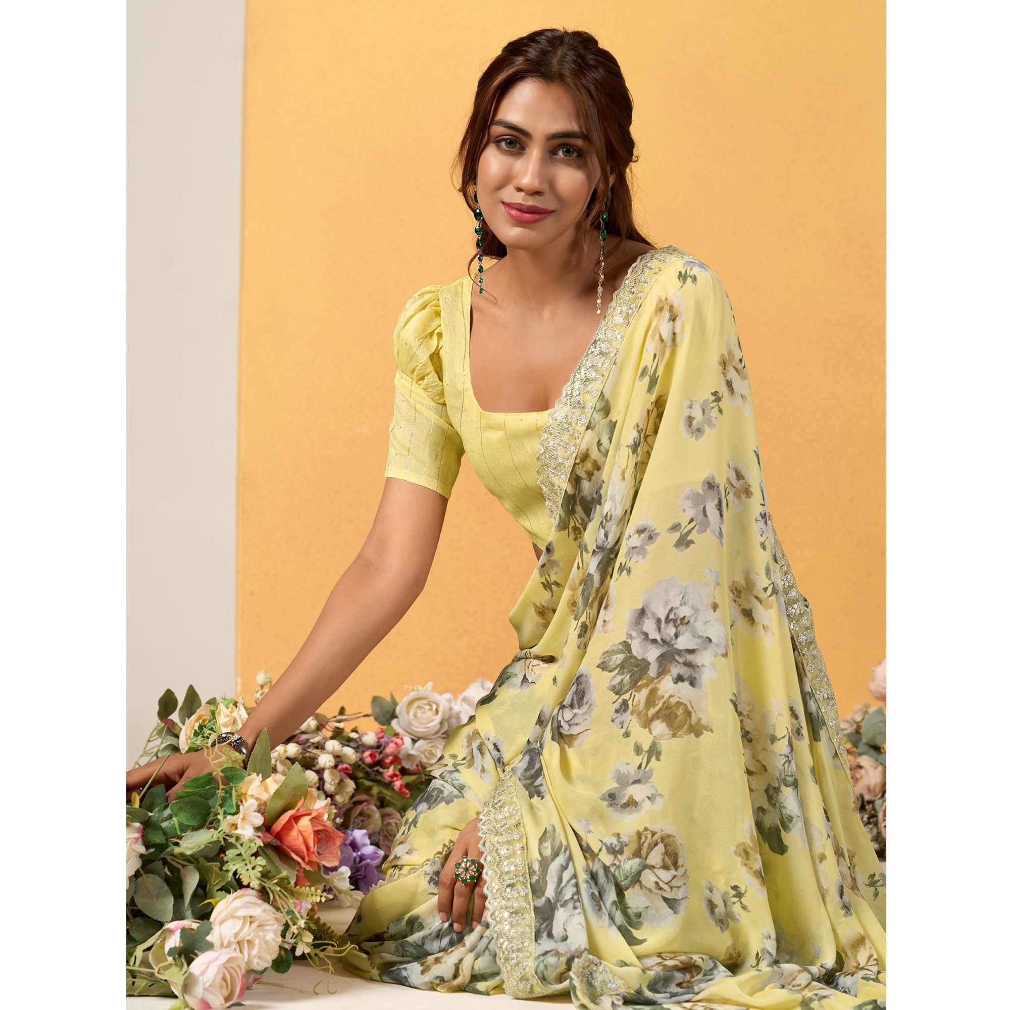 Yellow Floral Printed Chiffon Saree With Designer Border