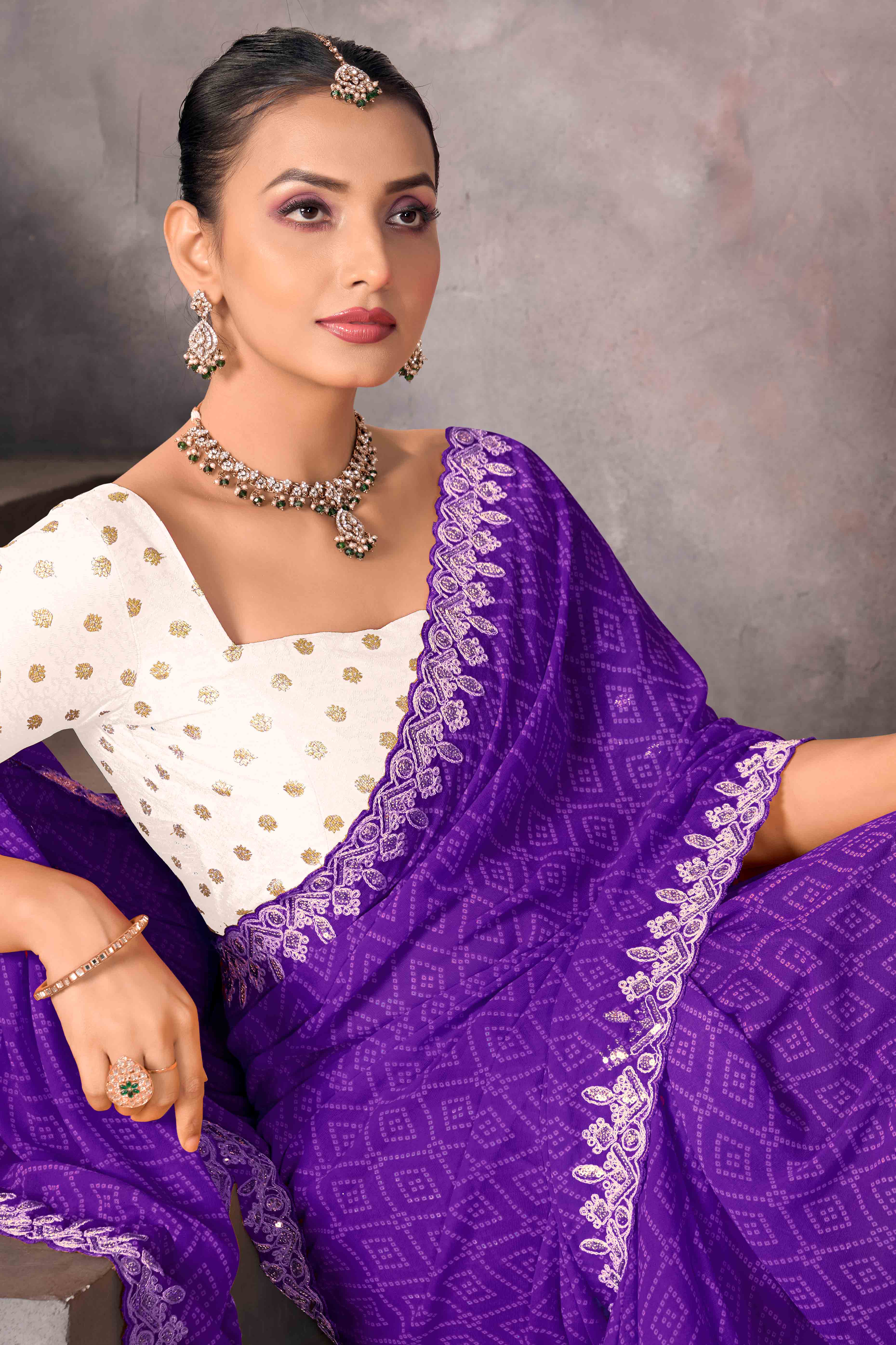 Modern Purple Georgette Saree with Timeless Bandhani Prints
