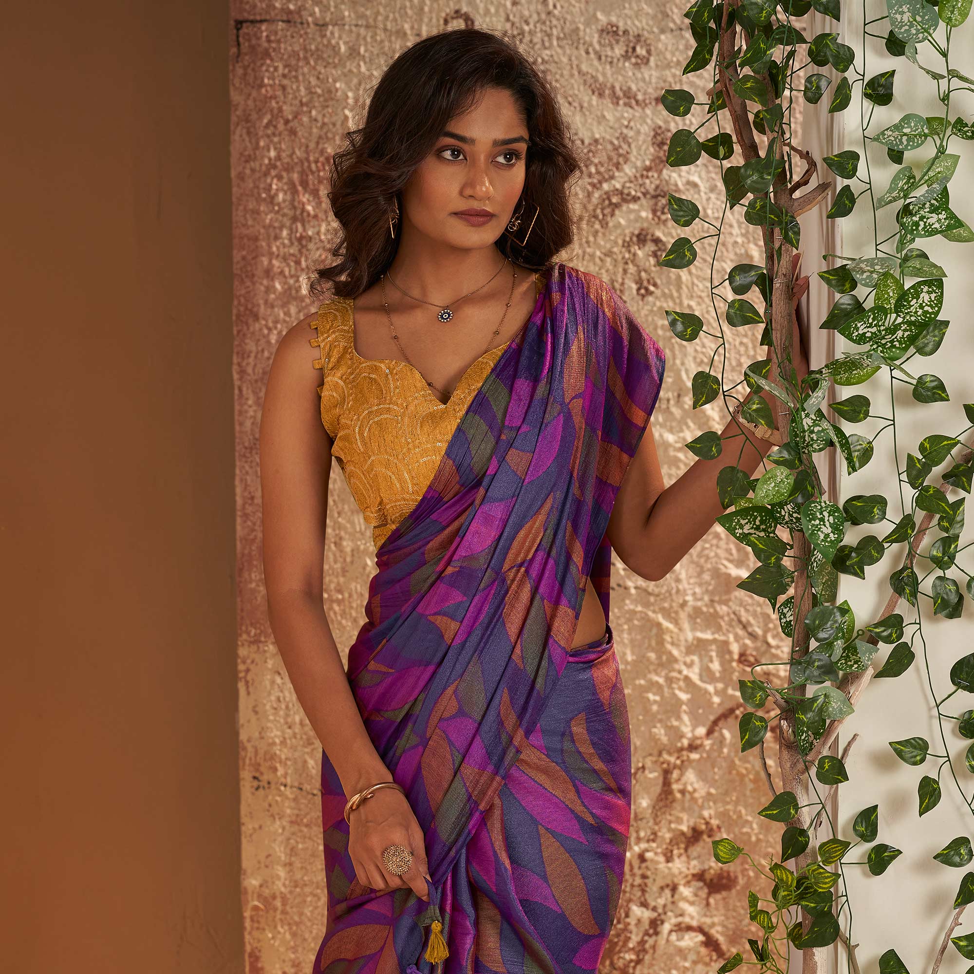 Purple Printed Nylon Saree With Tassels