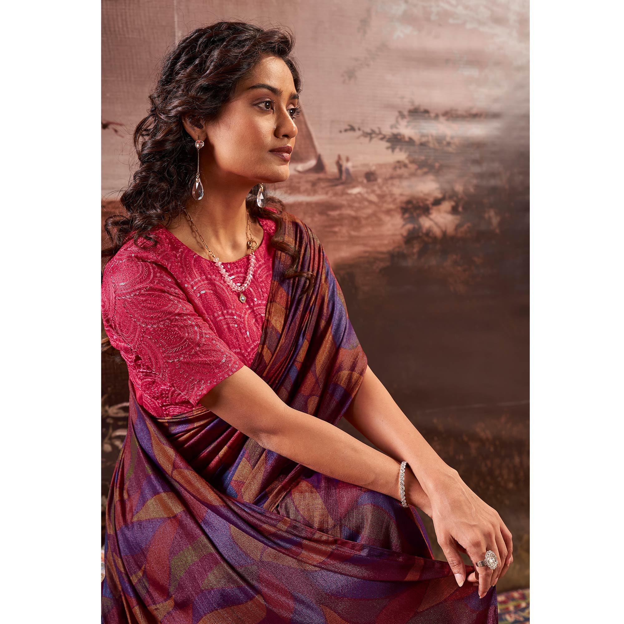 Purple Printed Nylon Saree With Tassels