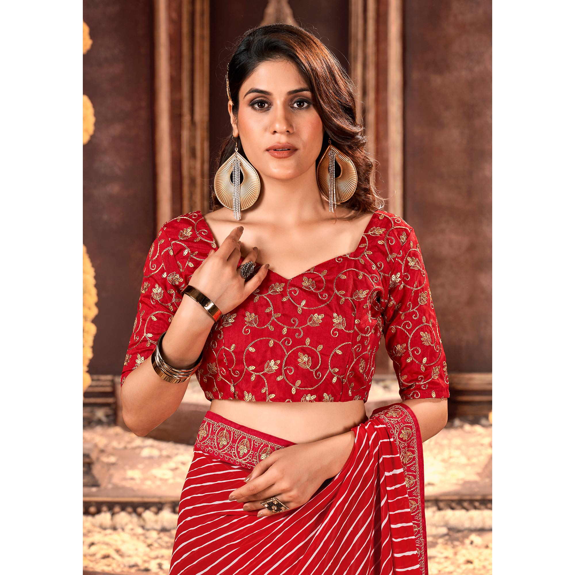Red Striped Printed Georgette Saree