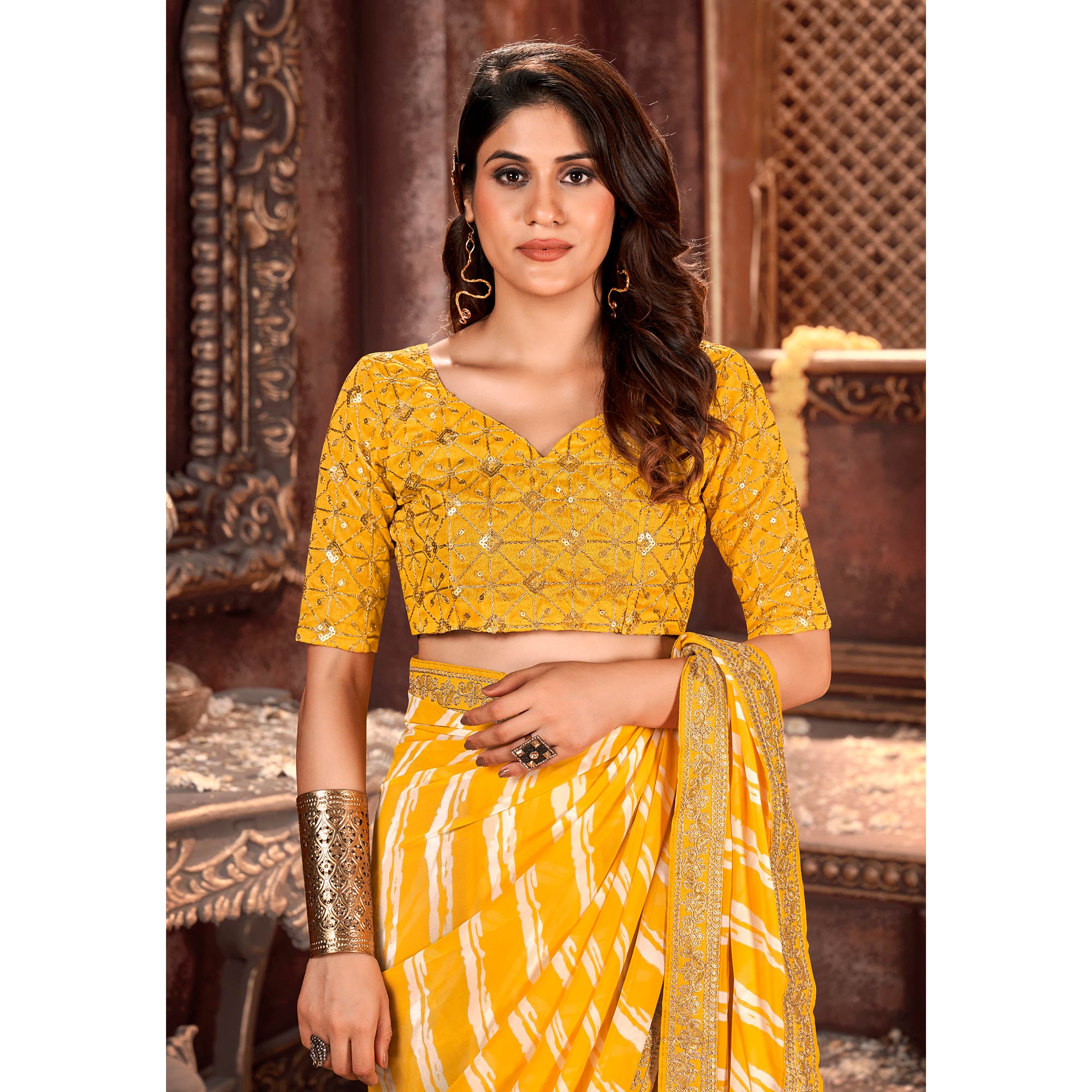 Yellow Striped Printed Georgette Saree