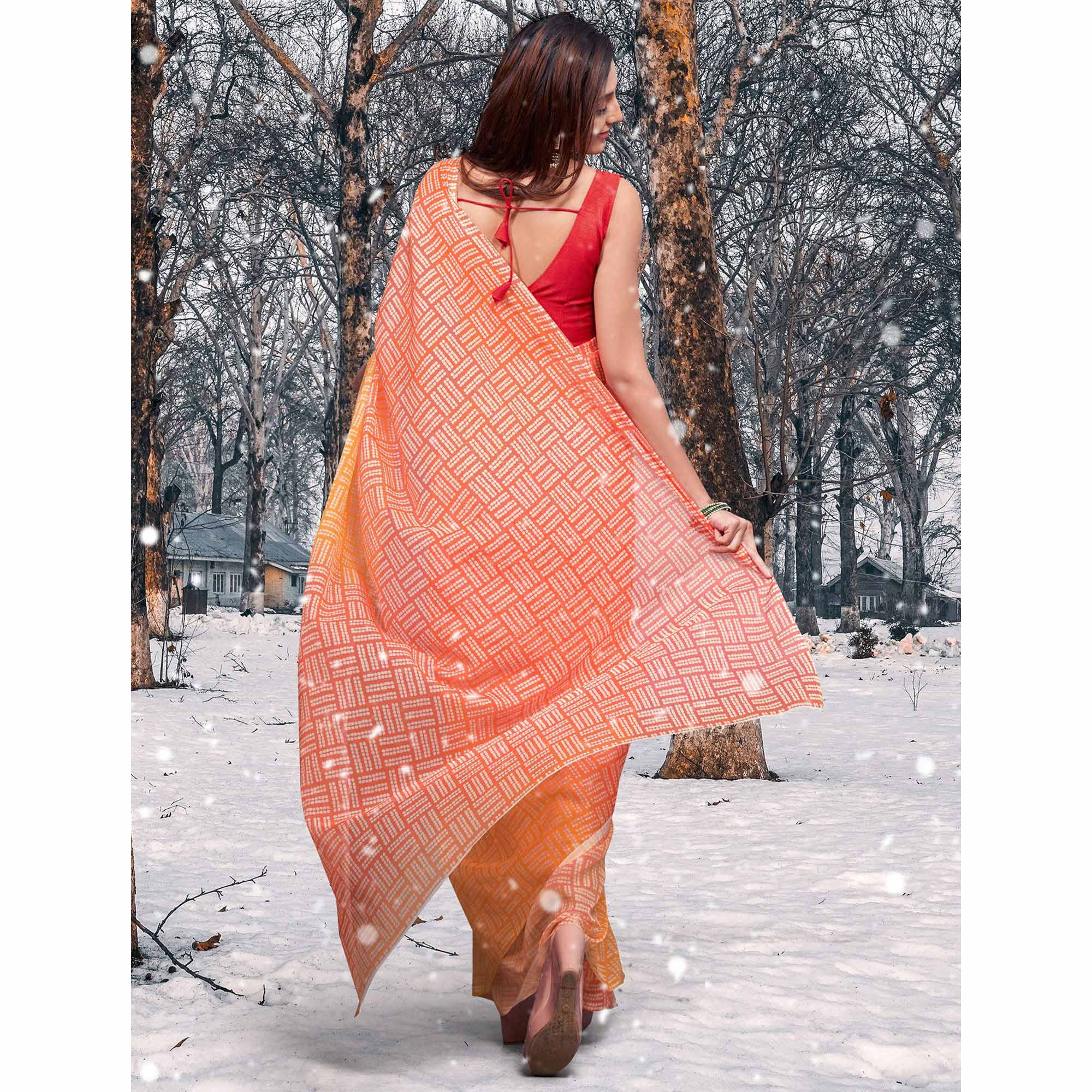 Orange & Yellow Printed Organza Saree