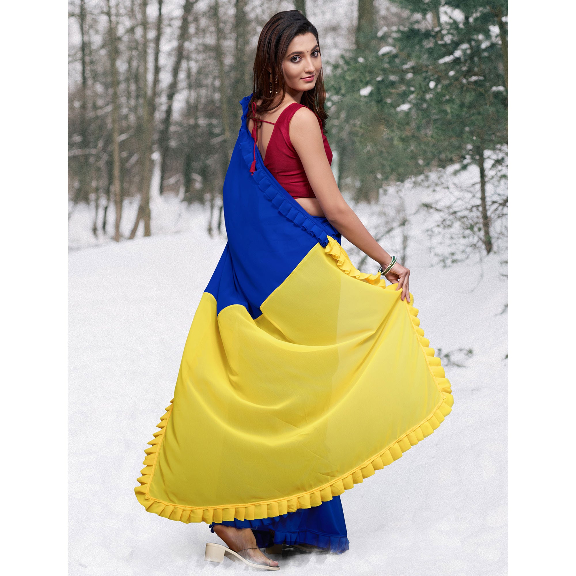 Blue & Yellow Printed Georgette Frill Saree