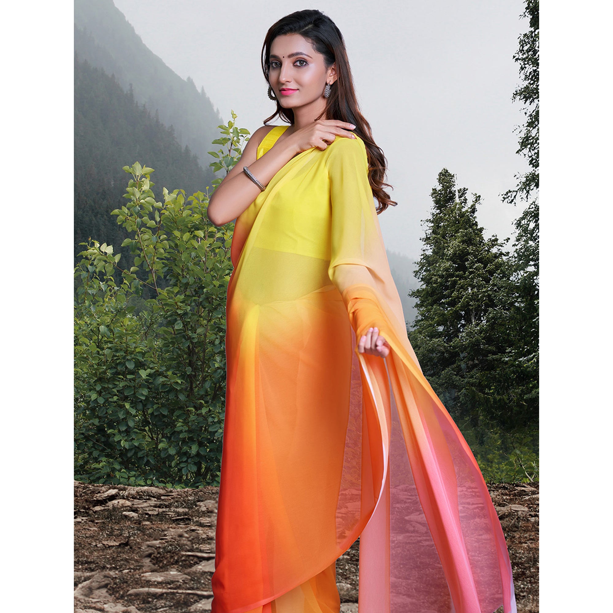 Orange & Yellow Printed Organza Saree