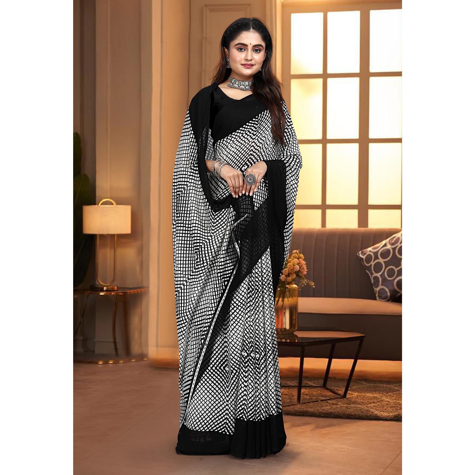 Black & White Printed Georgette Saree