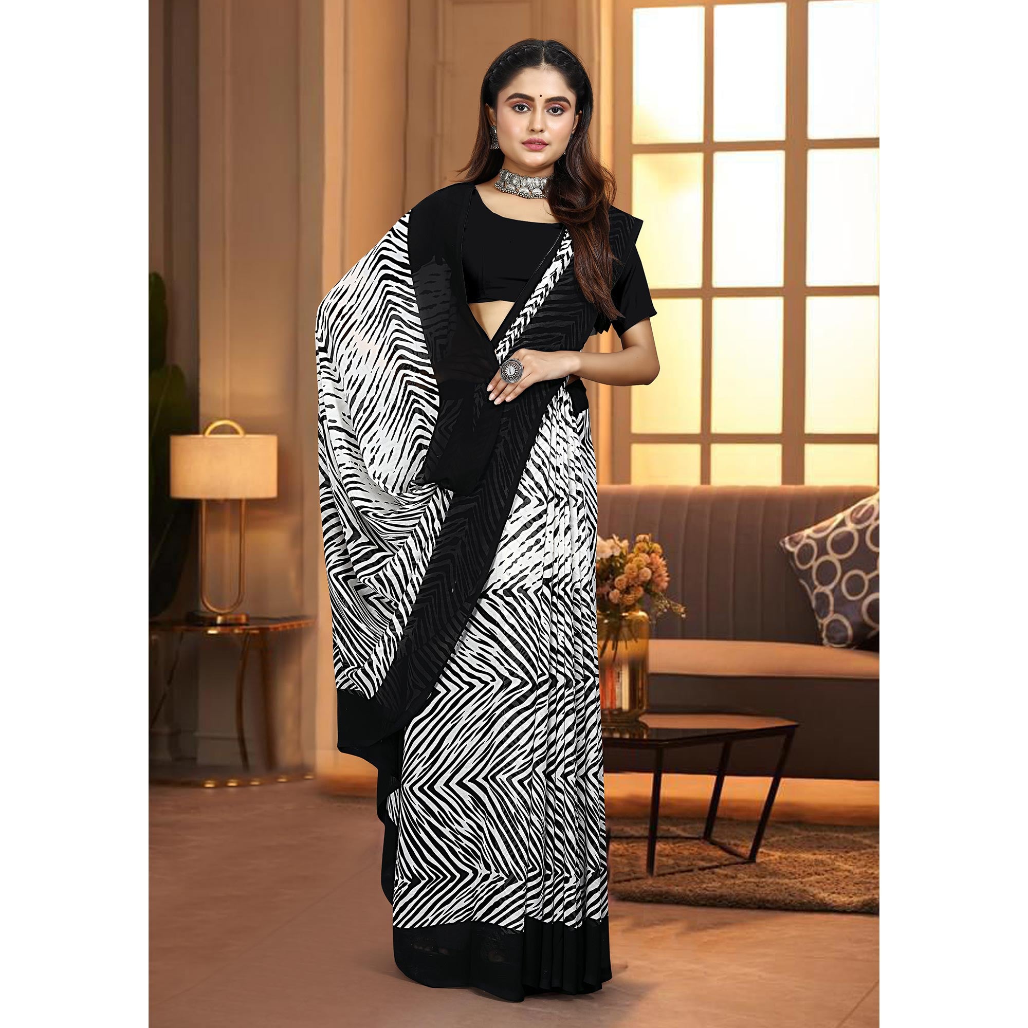 Black & White Striped Printed Georgette Saree