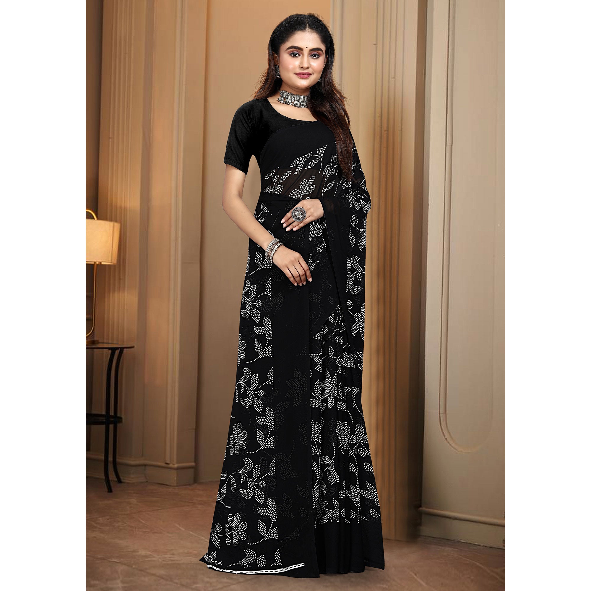 Black & White Floral Printed Georgette Saree