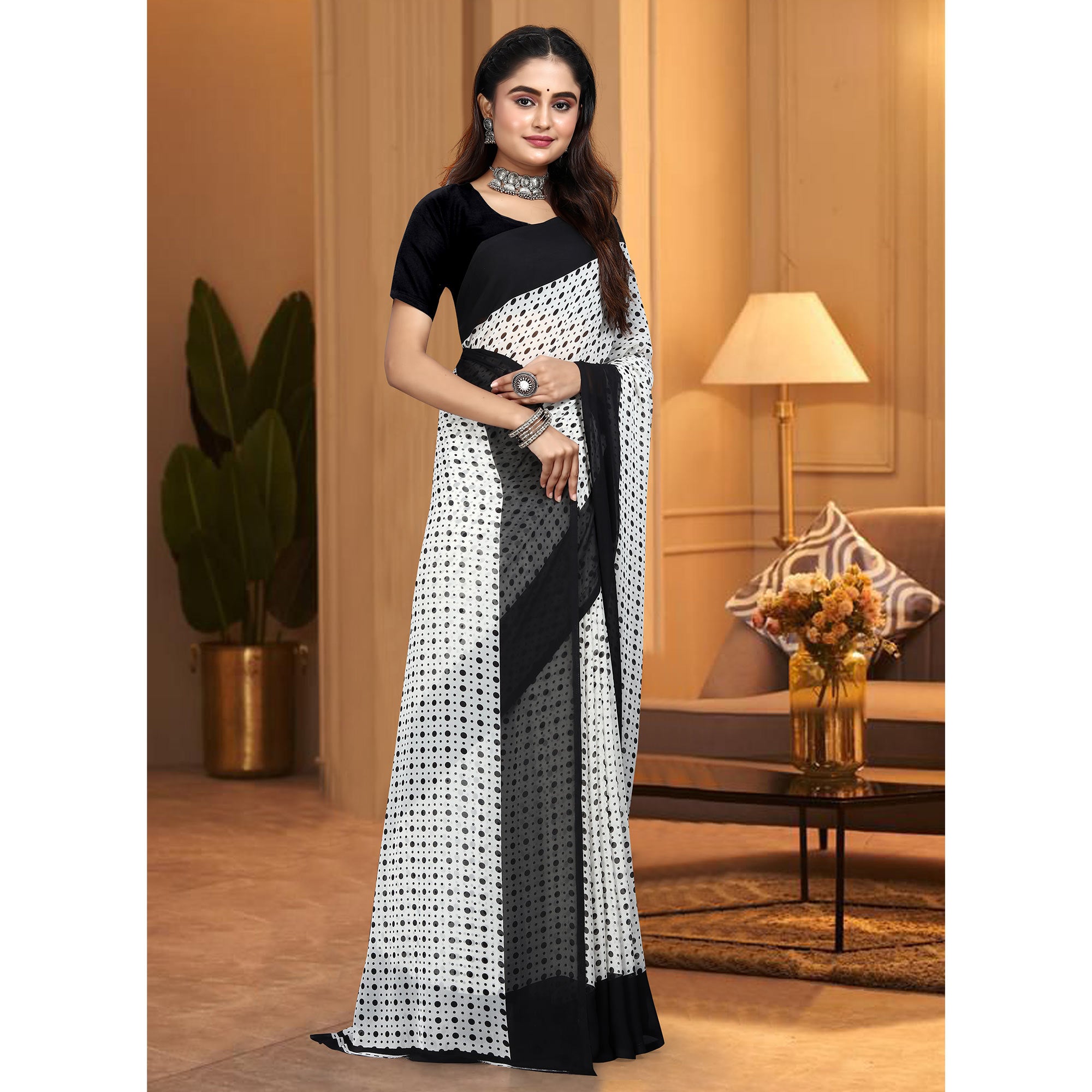 White & Black Polka Dot Printed Georgette Saree