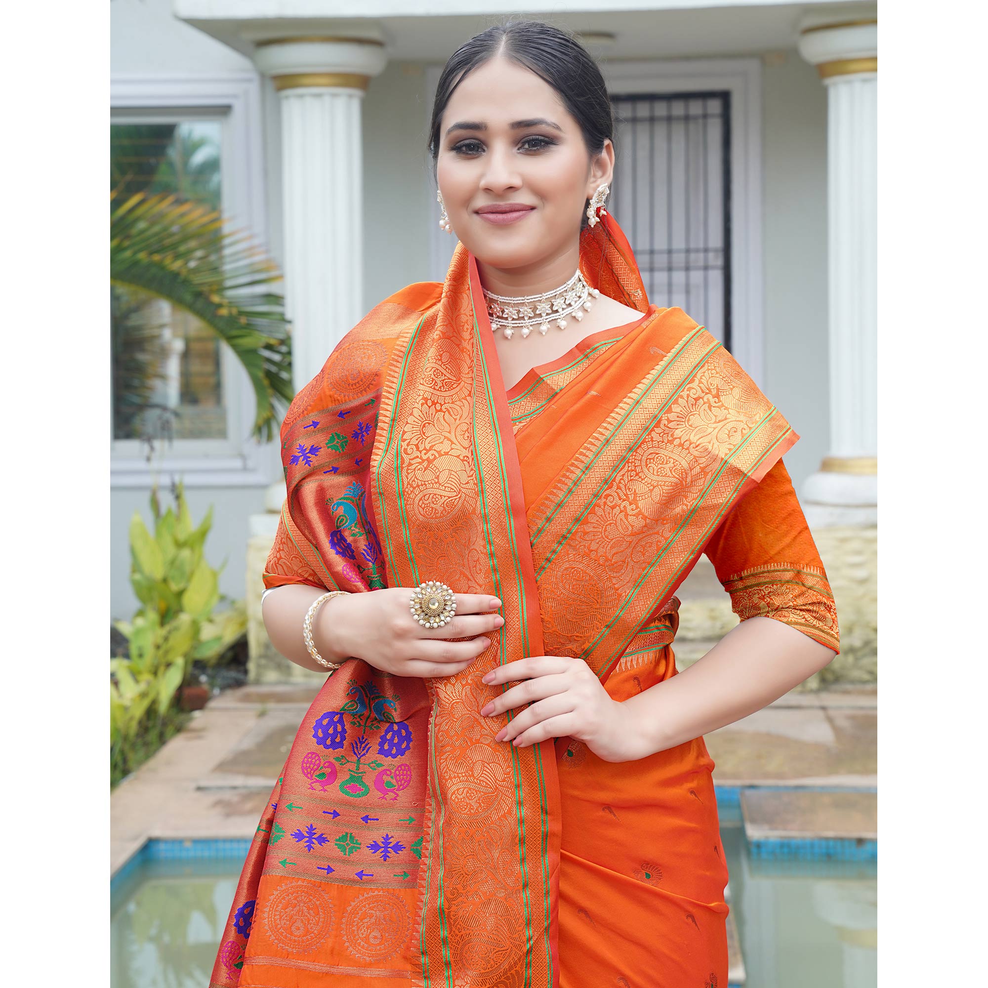 Orange Woven Paithani Art Silk Saree