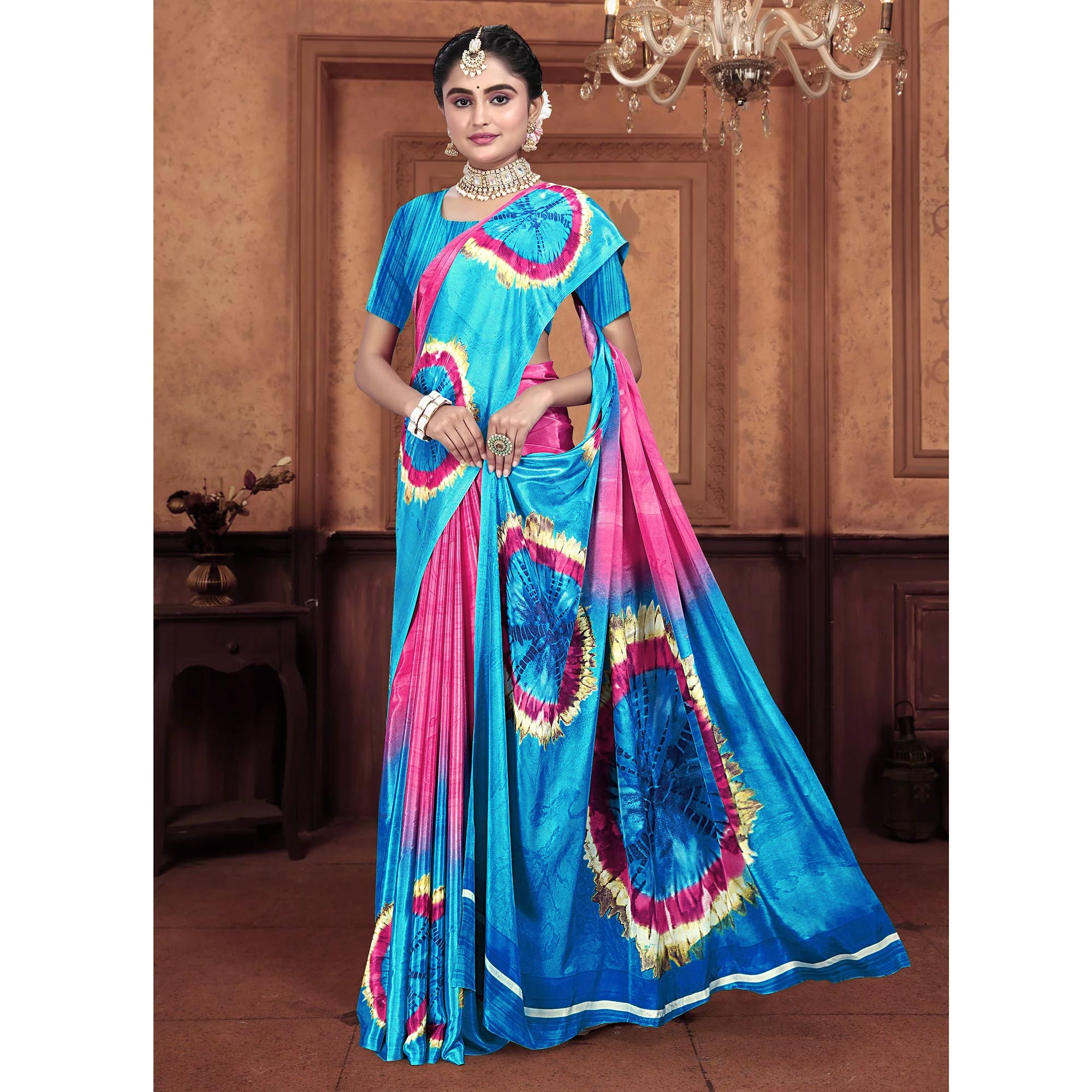 Turquoise & Pink Printed Crepe Silk Saree