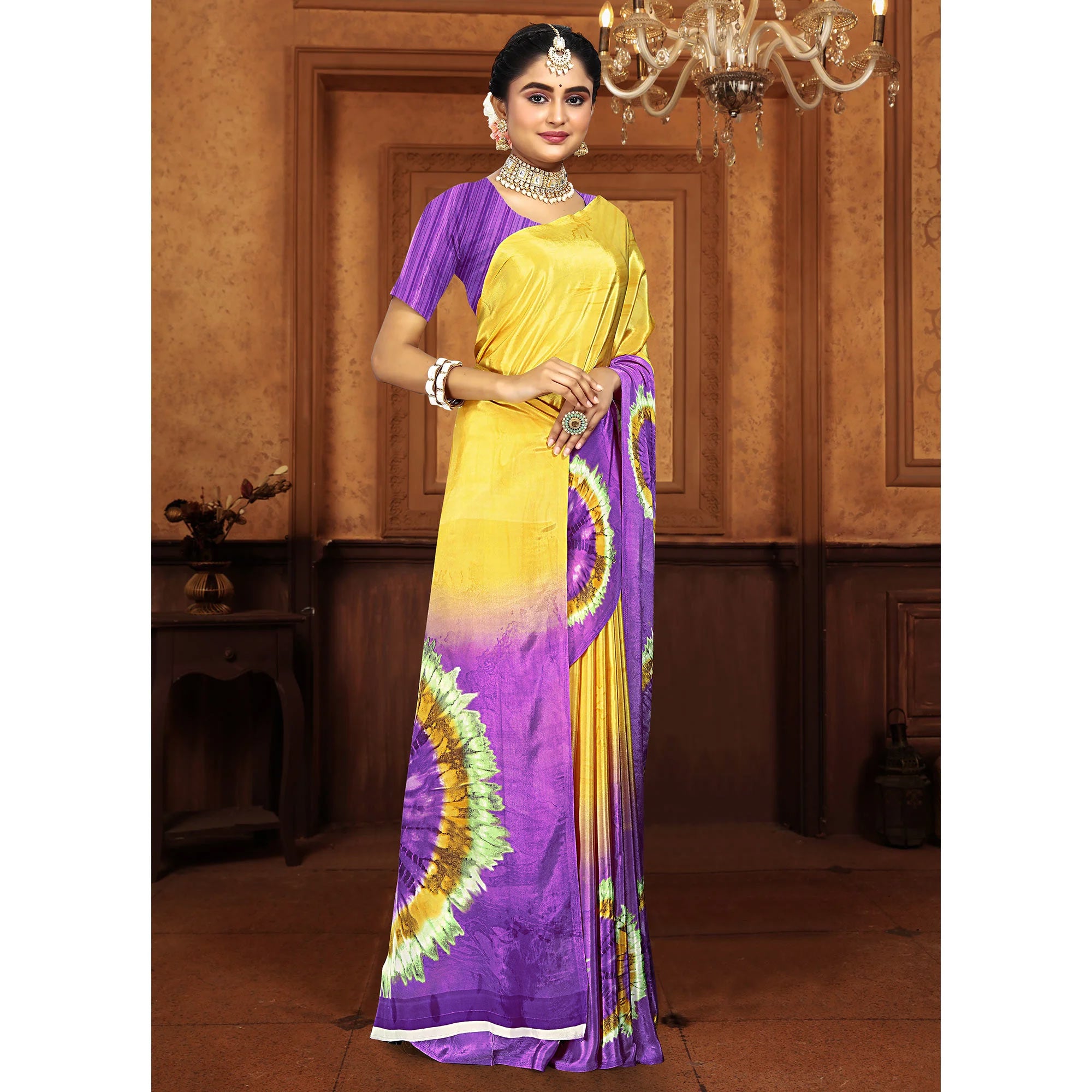 Purple & Yellow Printed Crepe Silk Saree