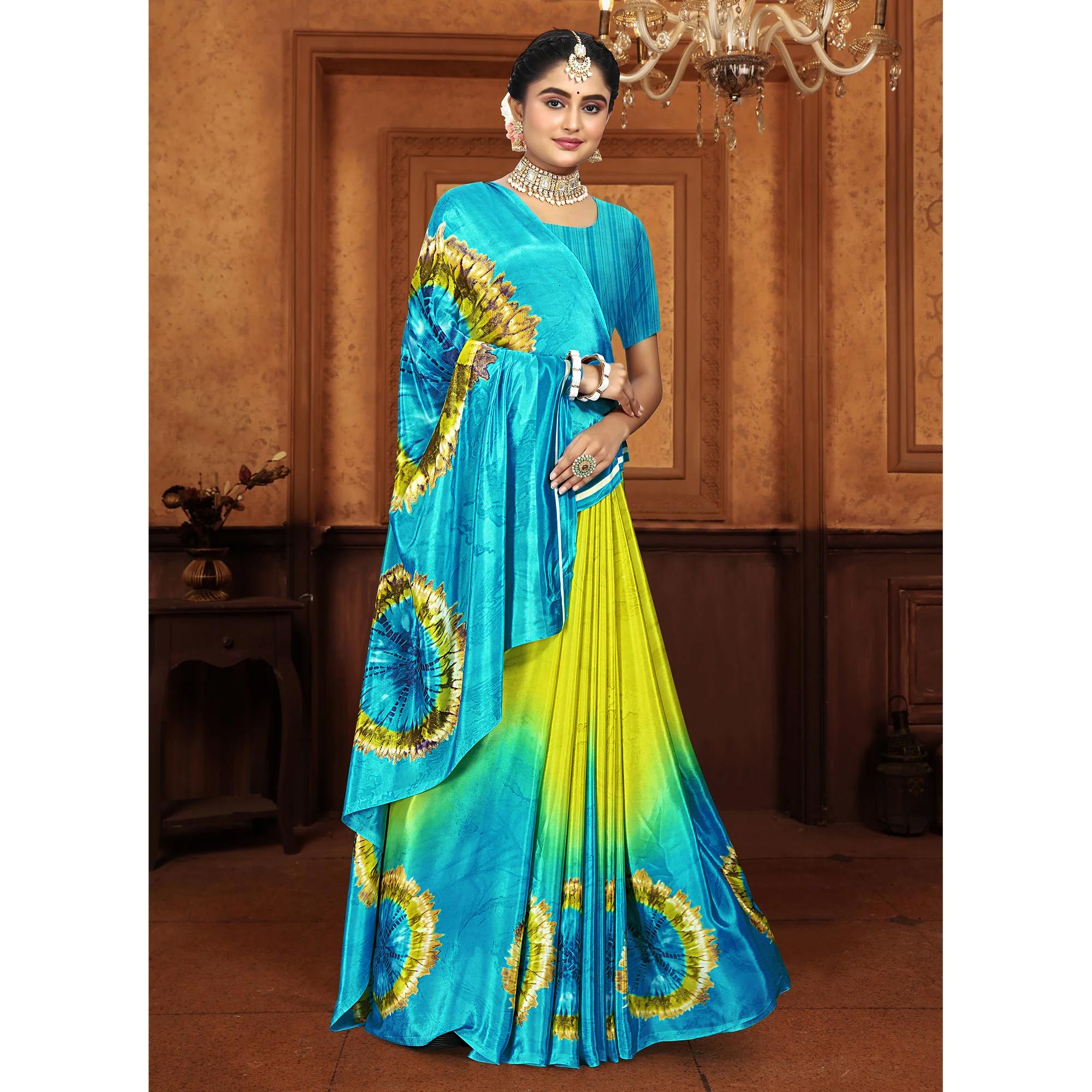 Green & Turquoise Printed Crepe Silk Saree