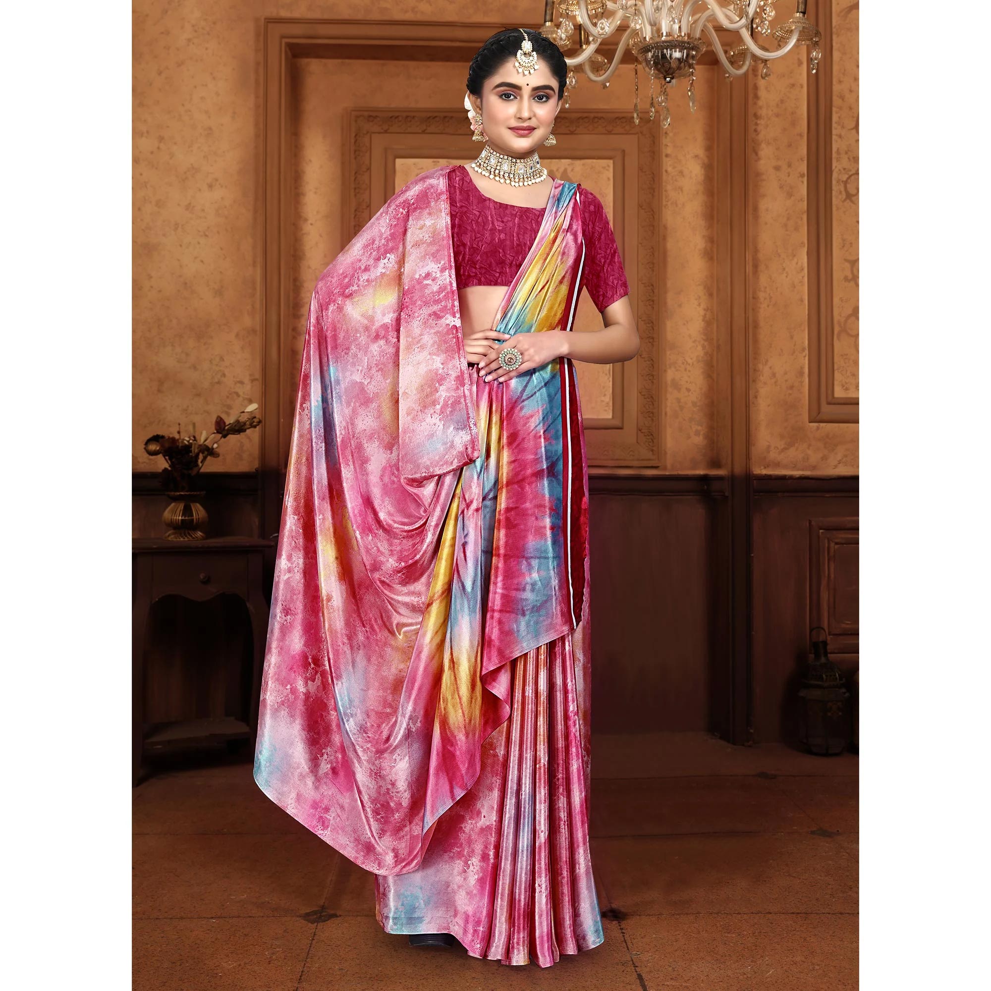 Pink Printed Crepe Silk Saree