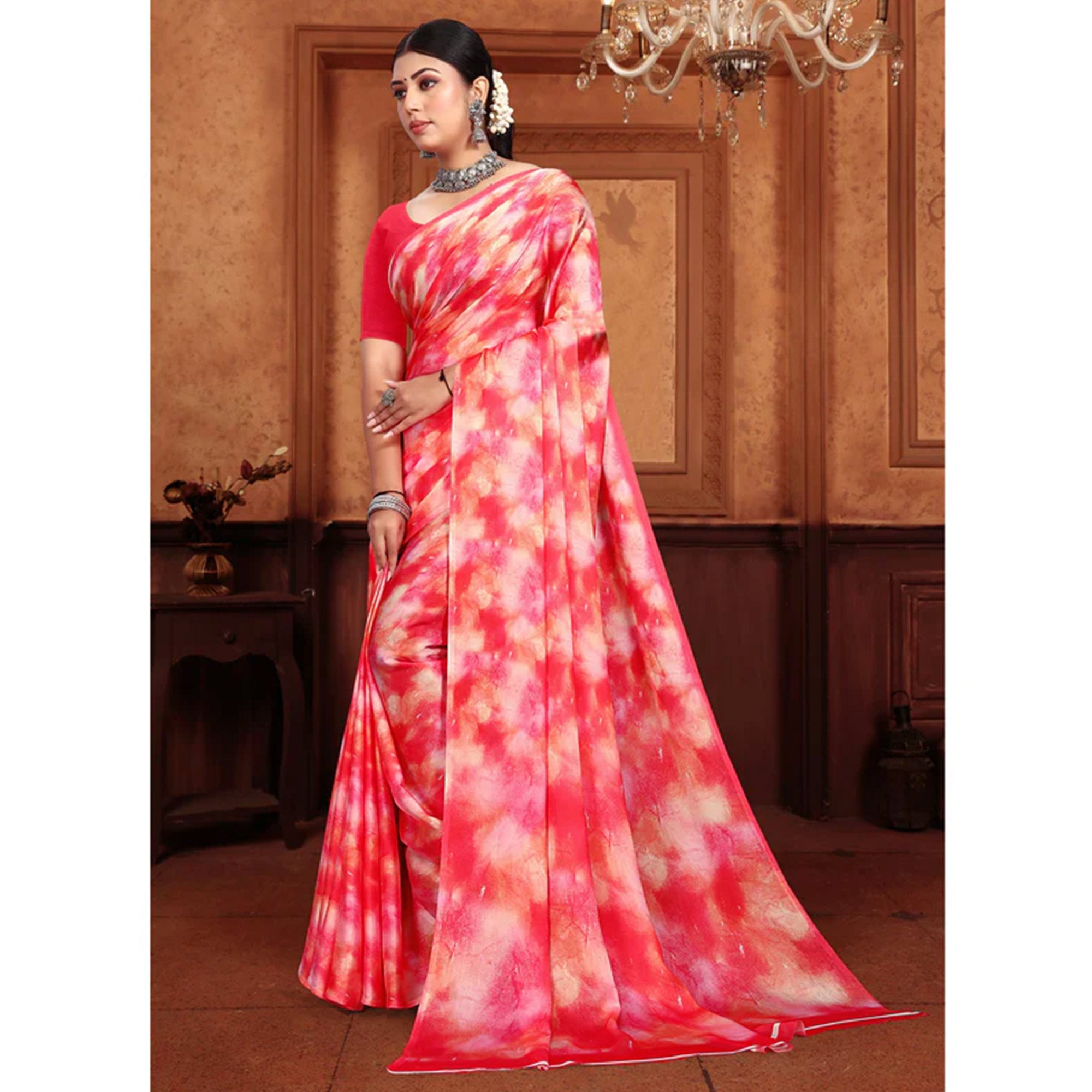 Rani Pink Abstract Digital Printed Georgette Saree