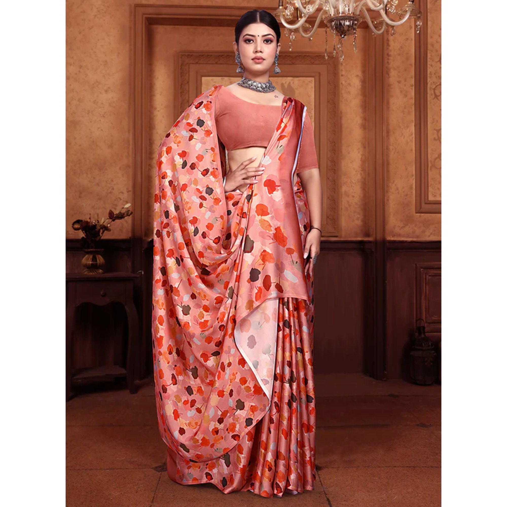 Peach Floral Digital Printed Georgette Saree