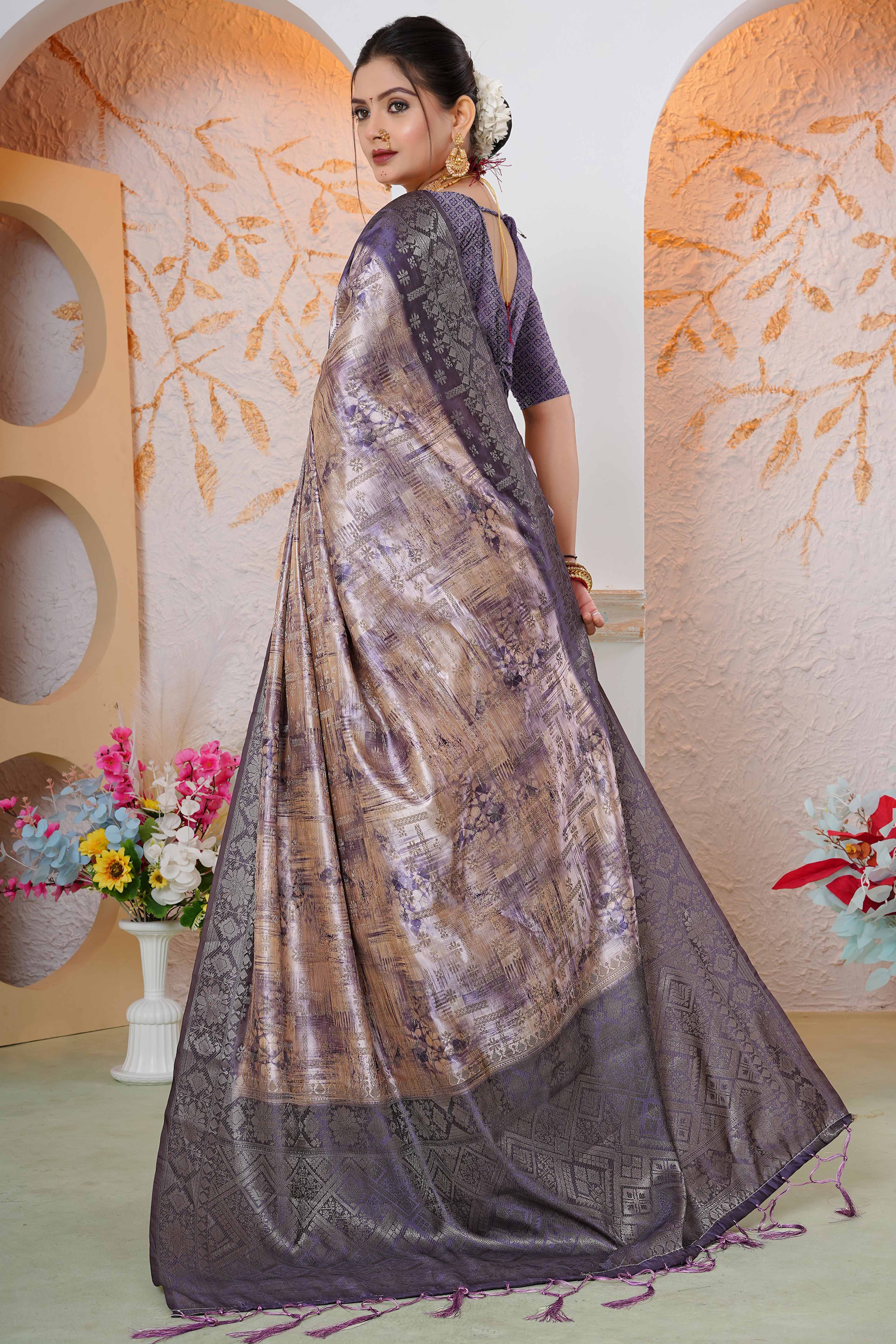 Premium Lavender Woven & Digitally Printed Silk Saree with Stylish Tassel Pallu