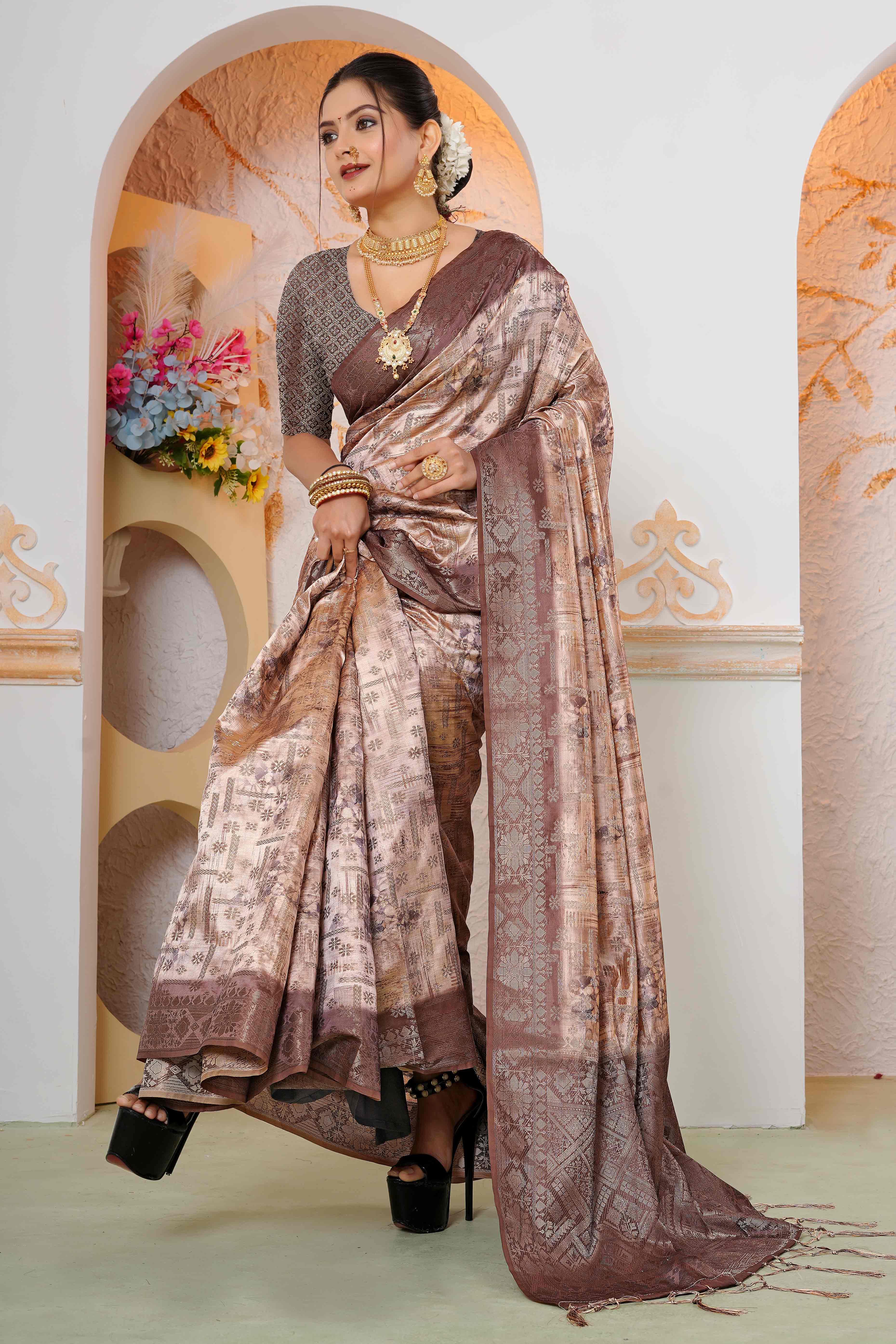 Premium Brown Woven & Digitally Printed Silk Saree with Stylish Tassel Pallu