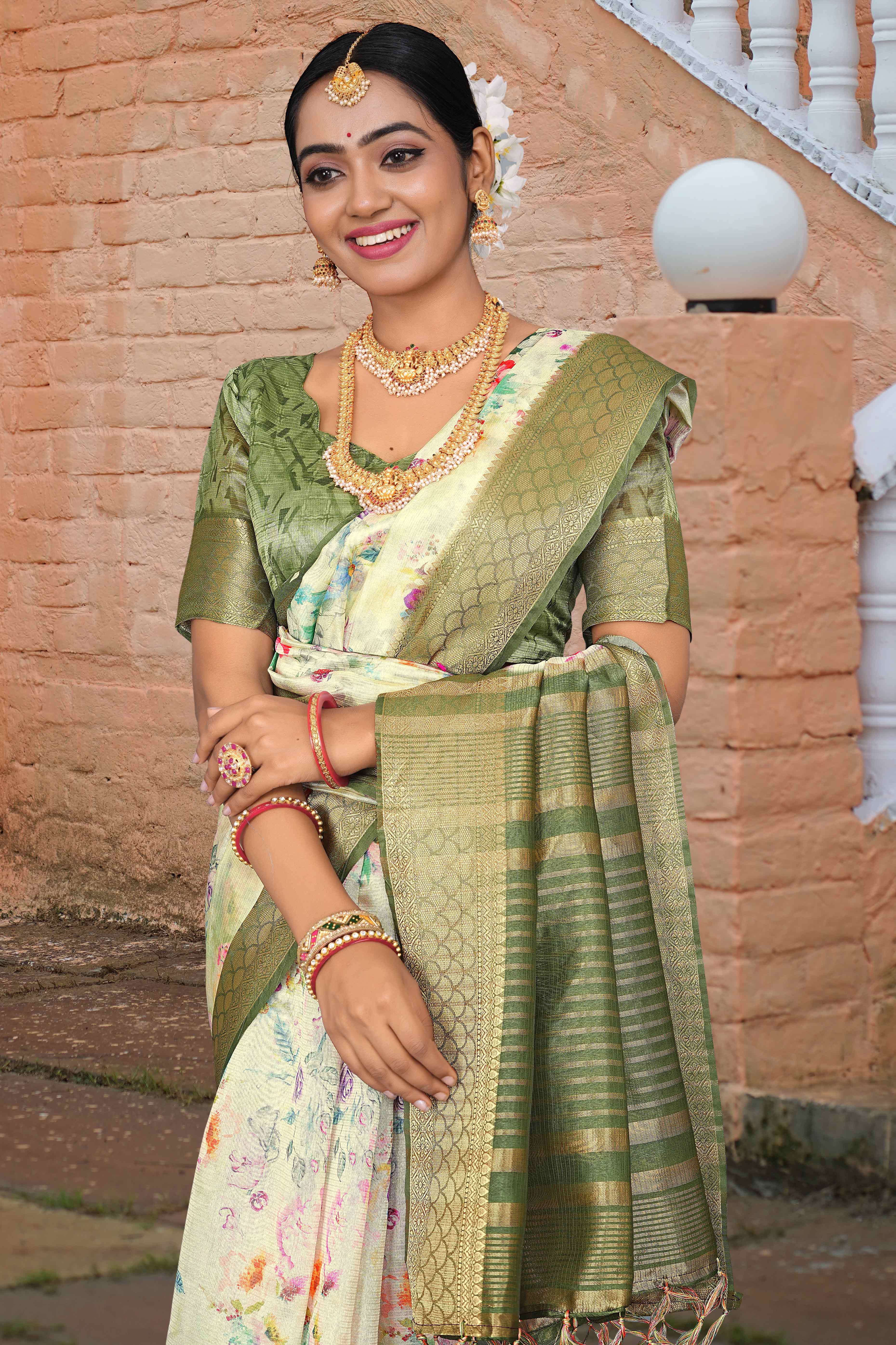 Pista Green Floral Digital Printed Silk Blend Saree With Intricate Weaving Border & Tassel Pallu