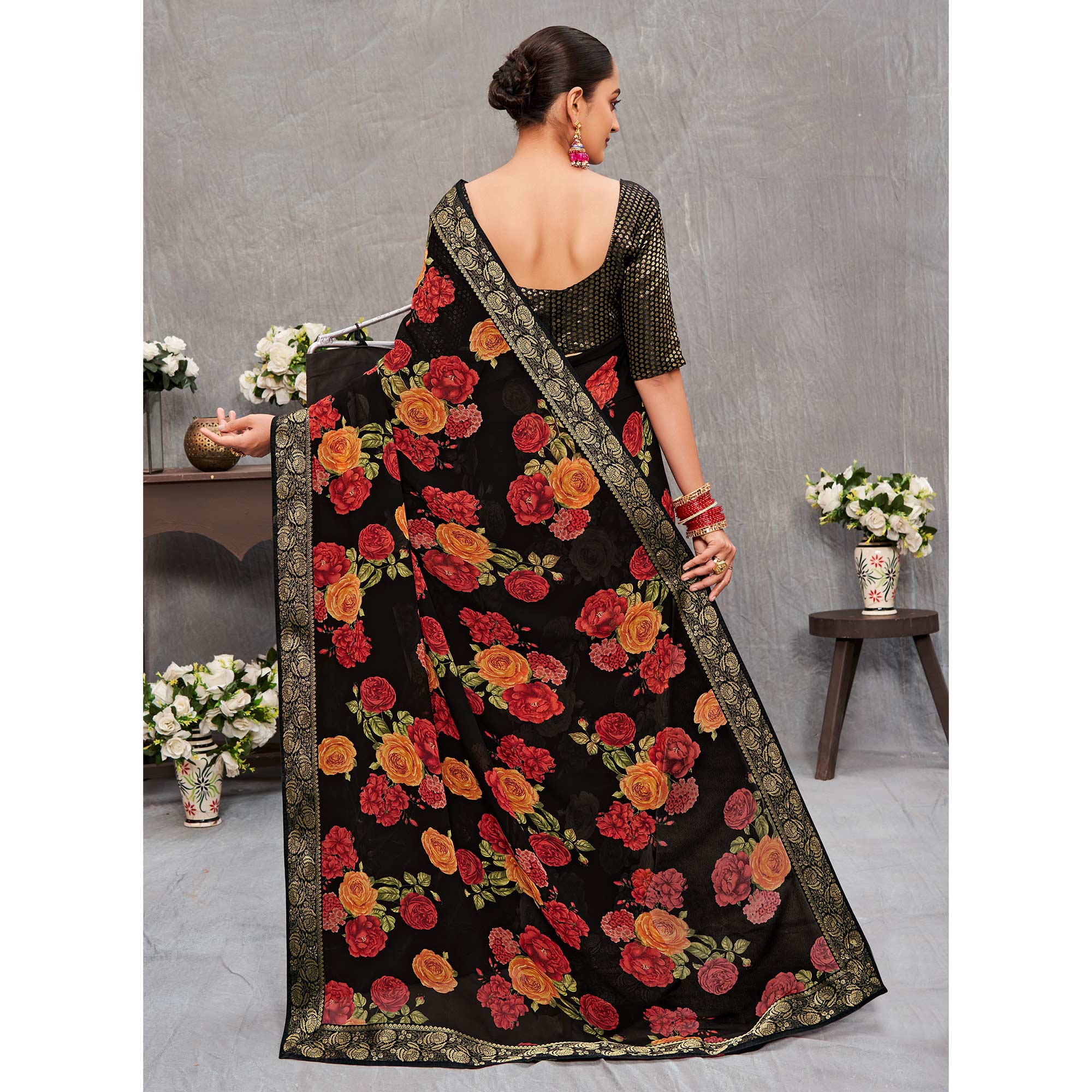 Black Floral Printed Georgette Saree