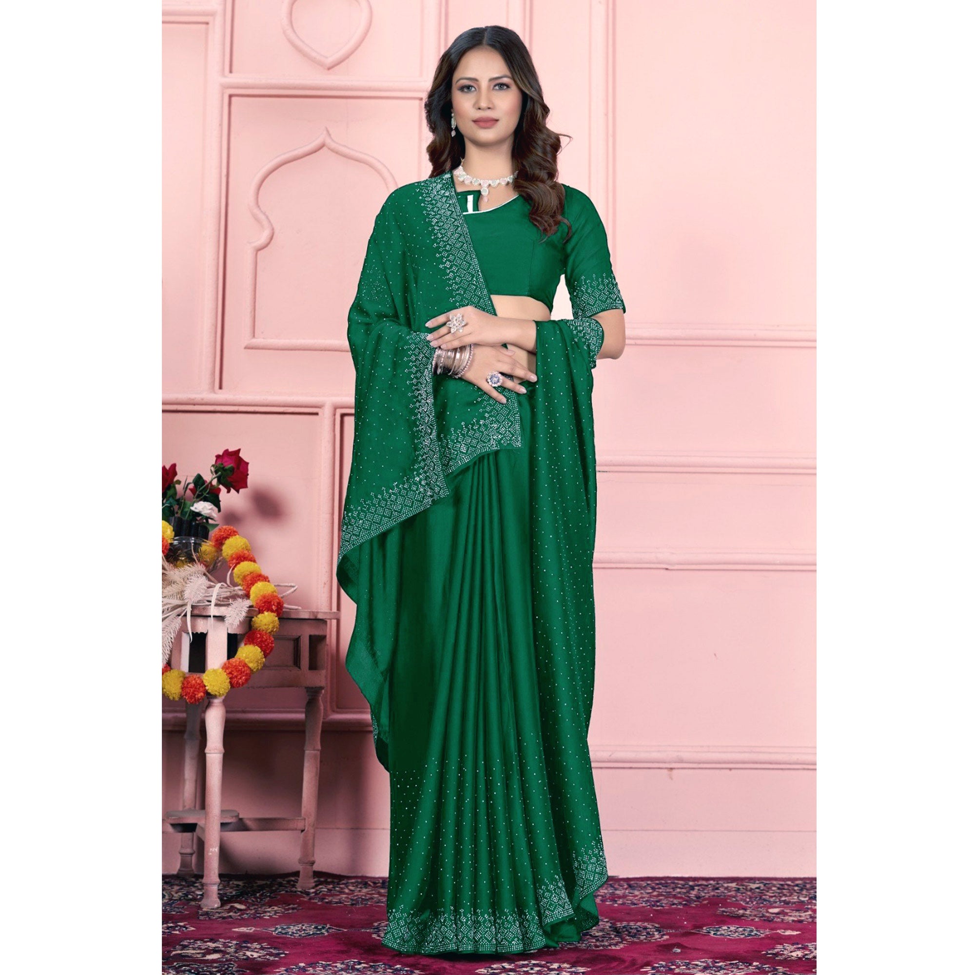 Green Swarovski Work Satin Saree