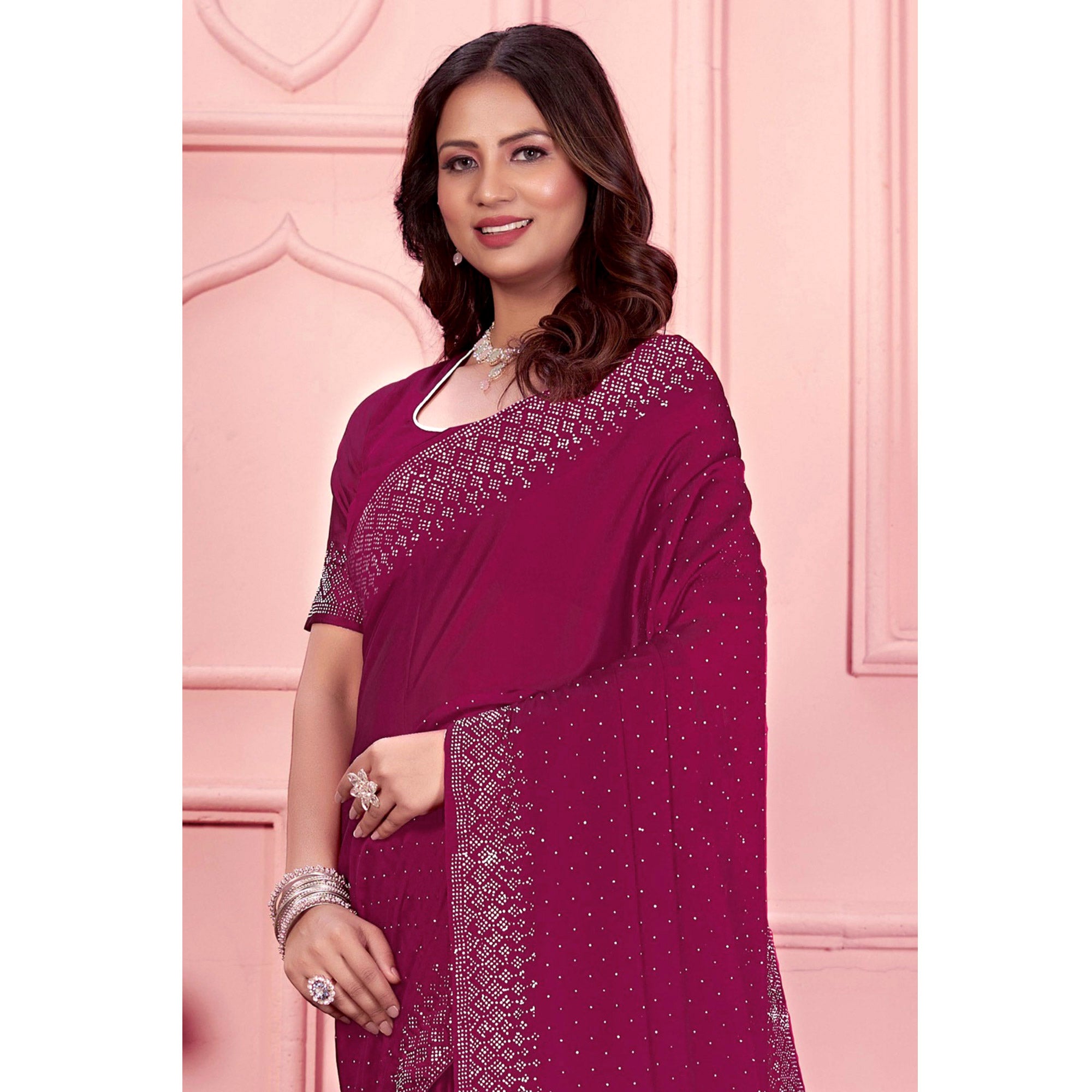 Rani Pink Swarovski Work Satin Saree