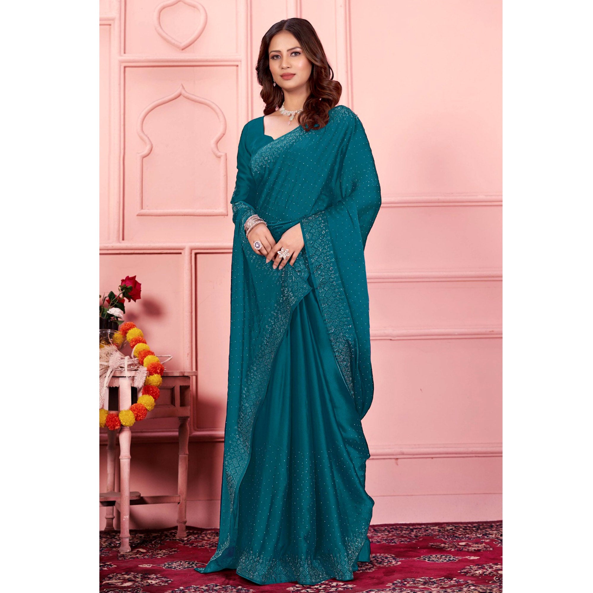 Teal Swarovski Work Satin Saree