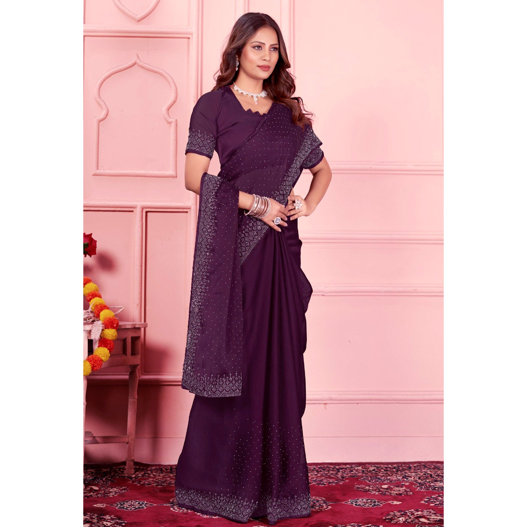Wine Swarovski Work Satin Saree