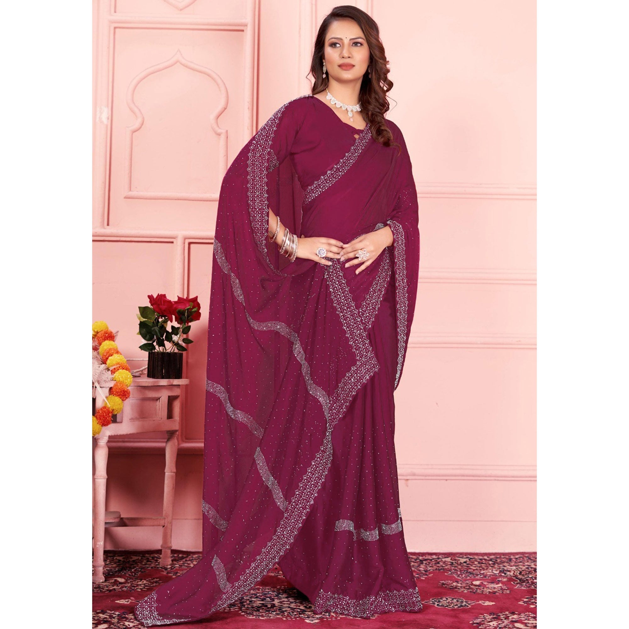Rani Pink Swarovski Work Satin Saree