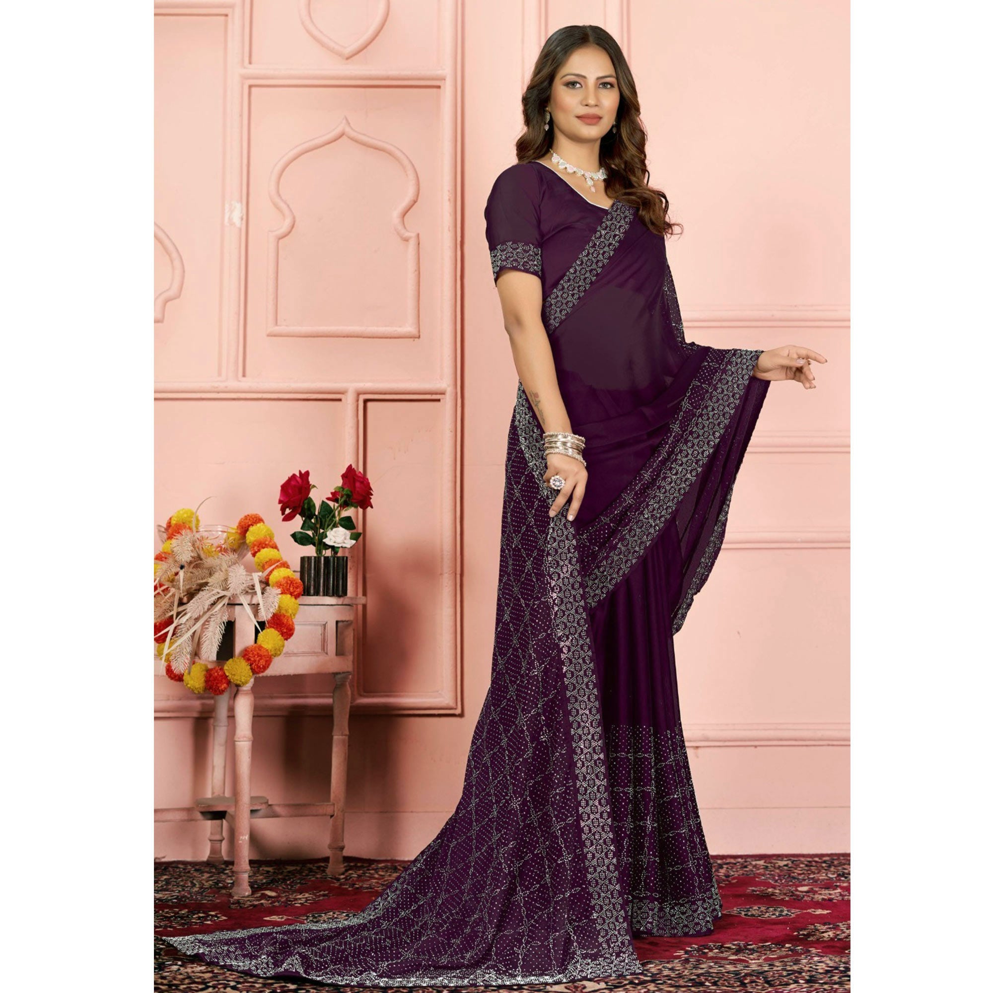 Wine Swarovski Work Satin Saree