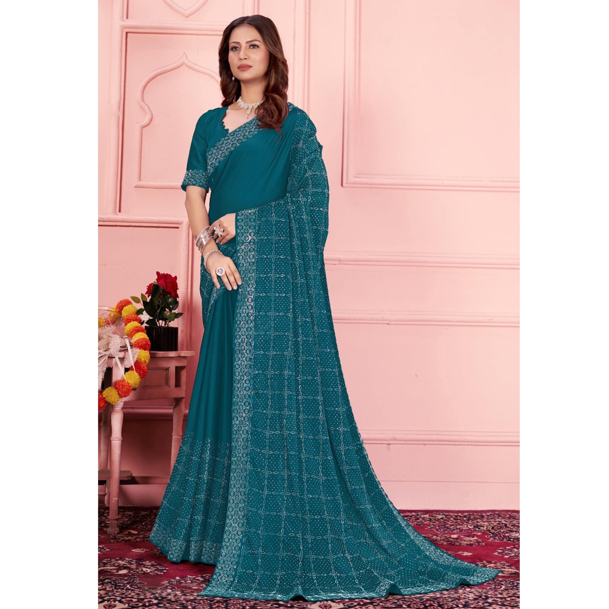 Teal Swarovski Work Satin Saree