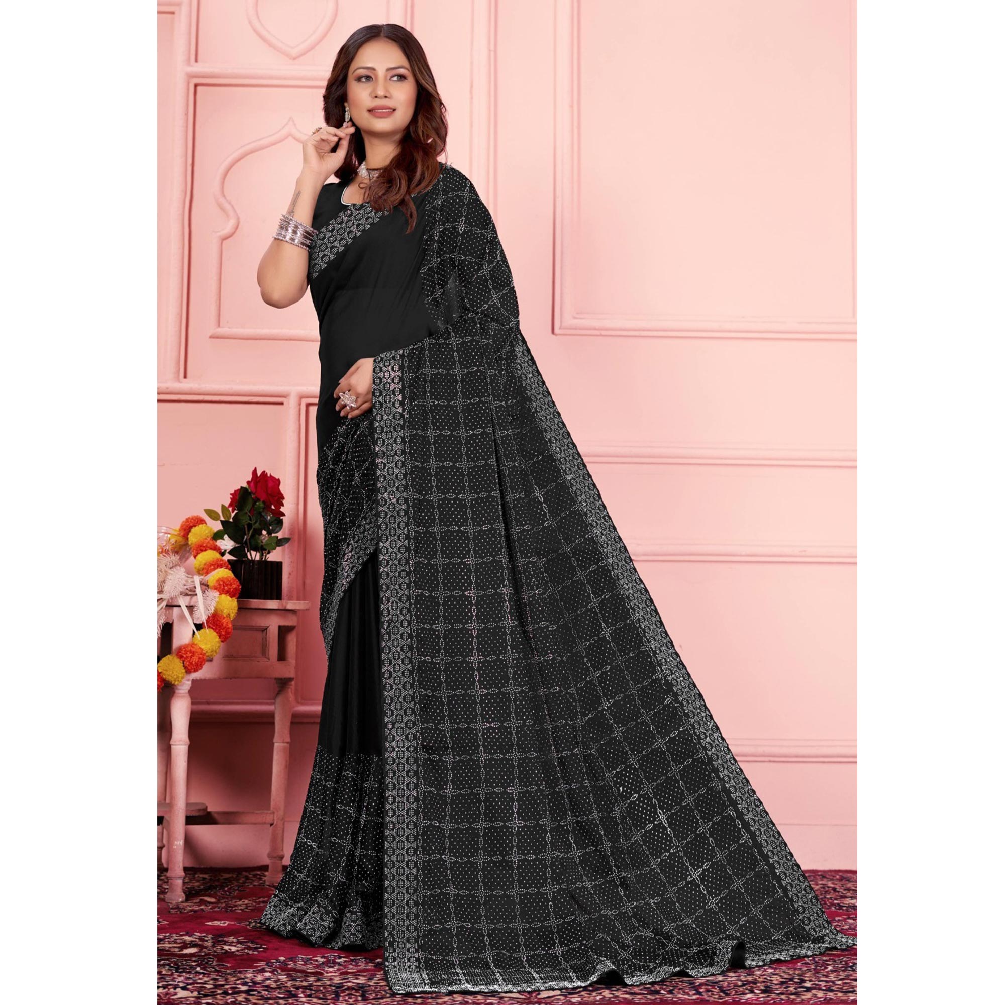 Black Swarovski Work Satin Saree