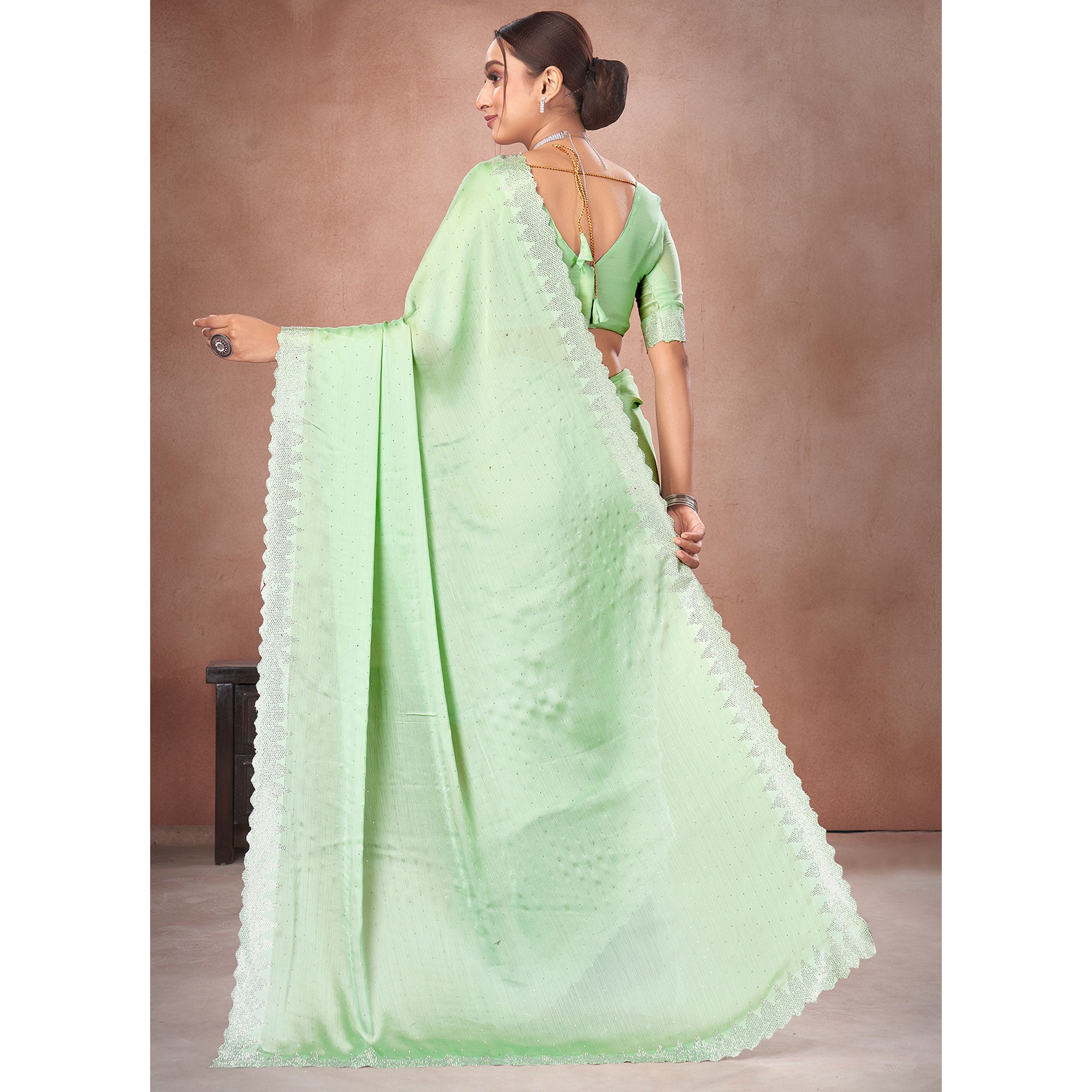 Pista Green Swarovski Work Satin Saree